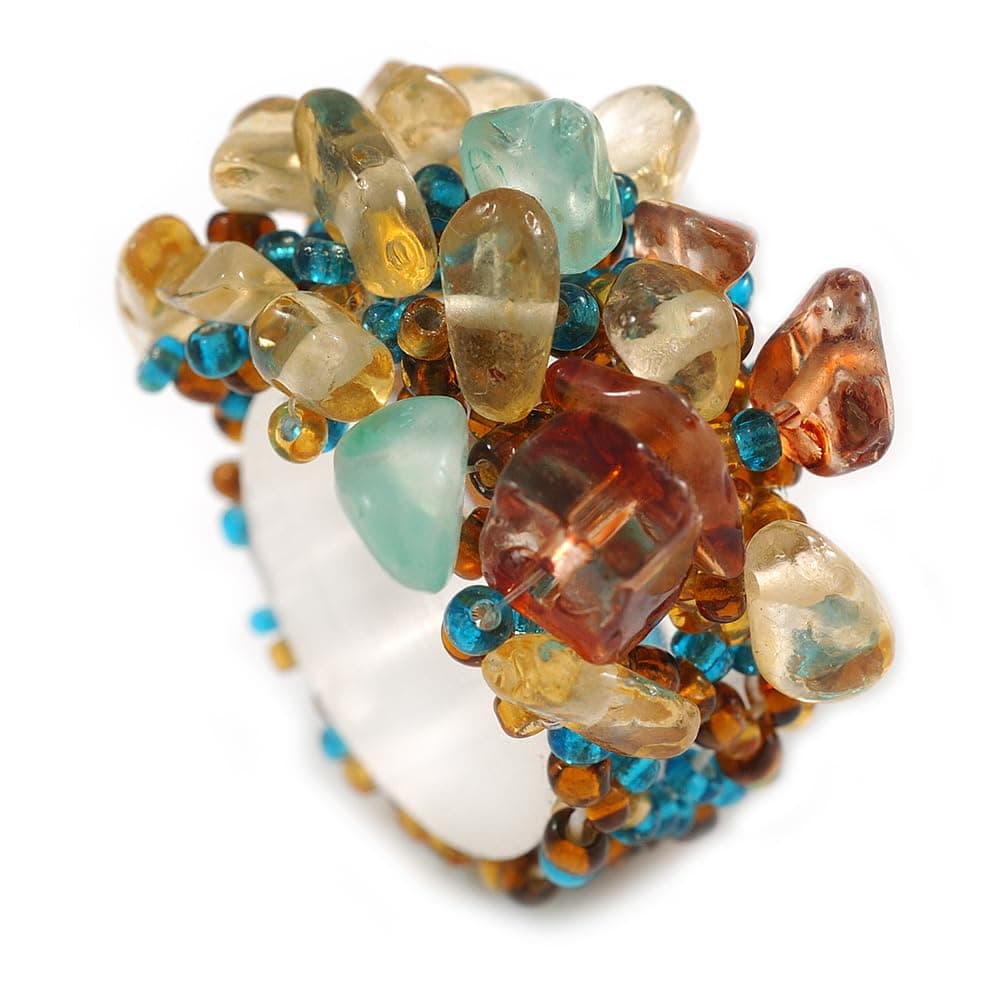 AvalayaAmber Brown/Teal/Sand Glass Bead Cluster Band Style Flex Ring - Size M