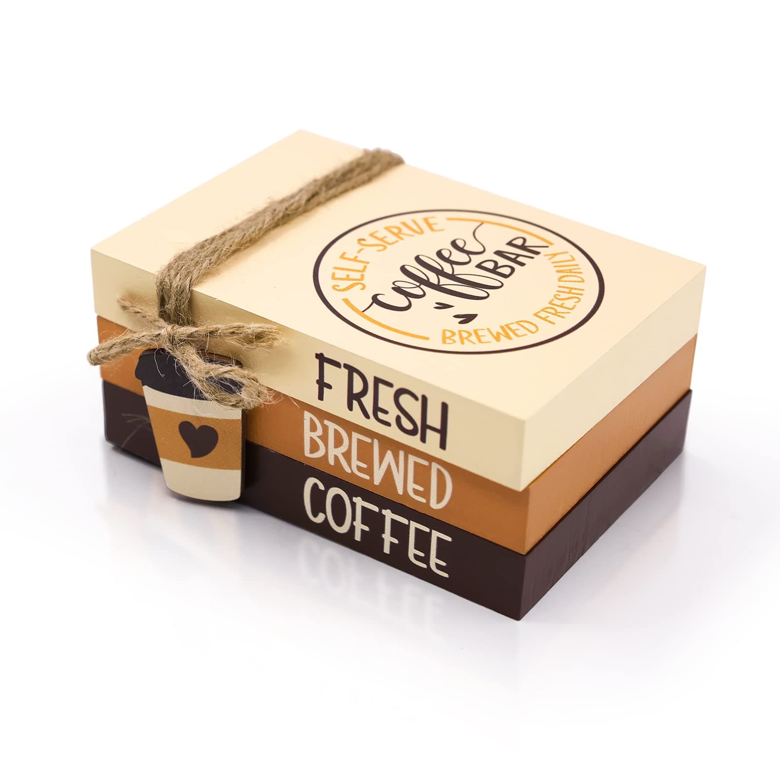 Huray Rayho Coffee Decor for Coffee Bar Spring Tiered Tray Decor Book Stack with Wooden Coffee Cup Ornament Fresh Brewed Coffee Decorative Wood Books Set Coffee Station Decor Coffee Bar Accessories
