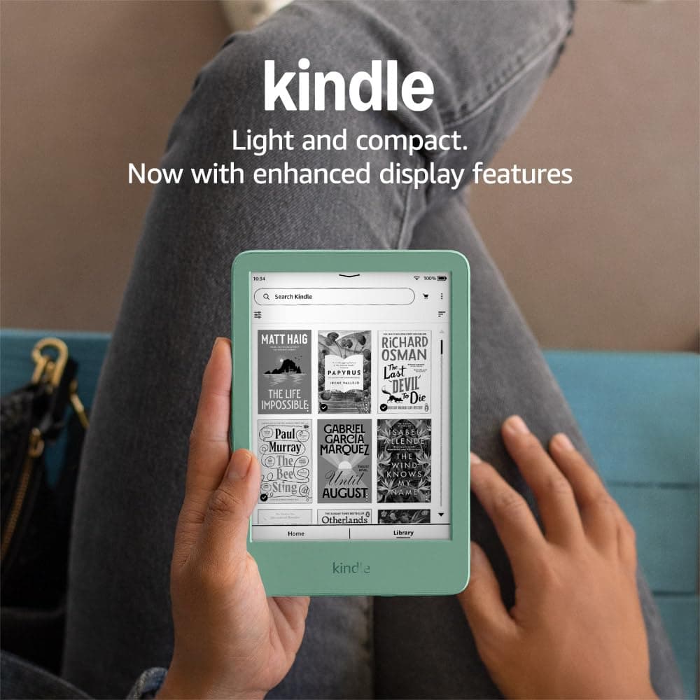 Amazon Kindle (16 GB) – Lightest and most compact Kindle with glare-free display, faster page turns, adjustable front light and long battery life – With Ads – Matcha + Kindle Unlimited