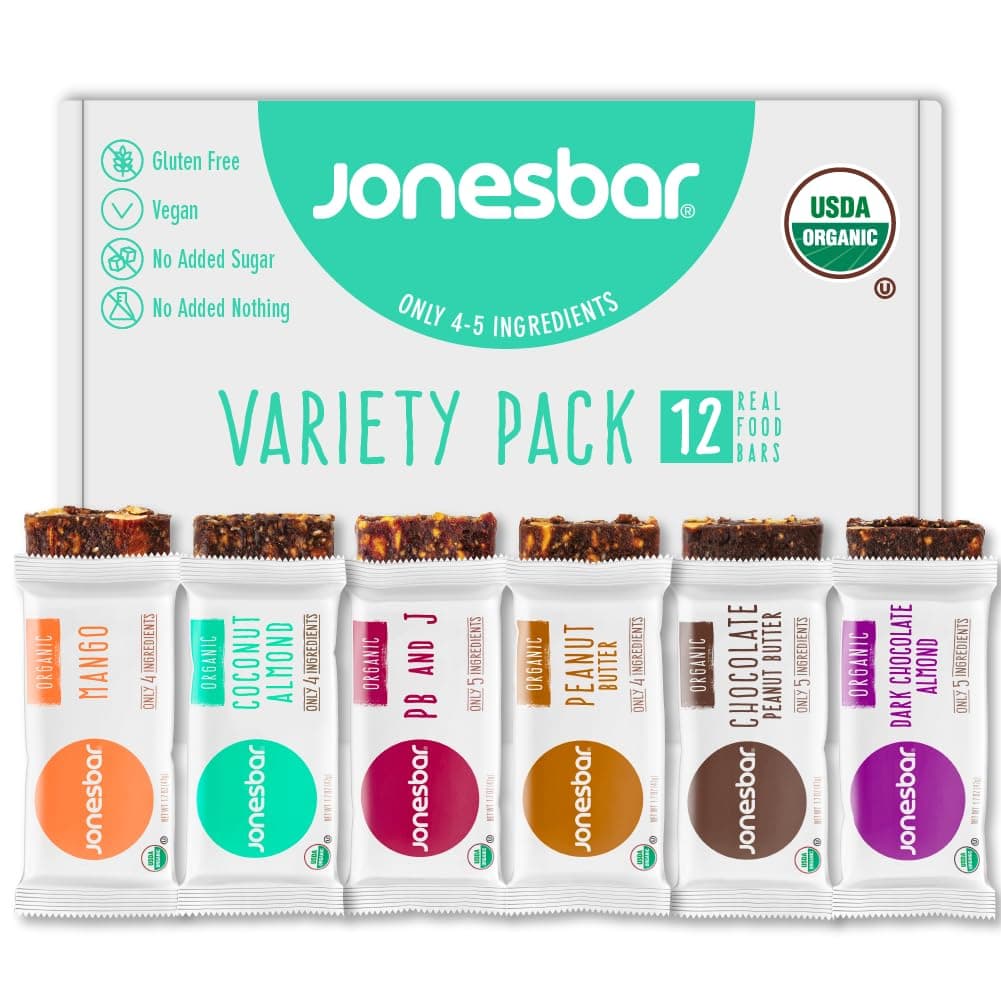 jonesbar JONESBAR (Variety Pack, 12 Count (Pack of 1)), USDA Organic Fruit & Nut Bar, Non-GMO, Kosher, Vegan, Gluten Free, Simple Snack Bar