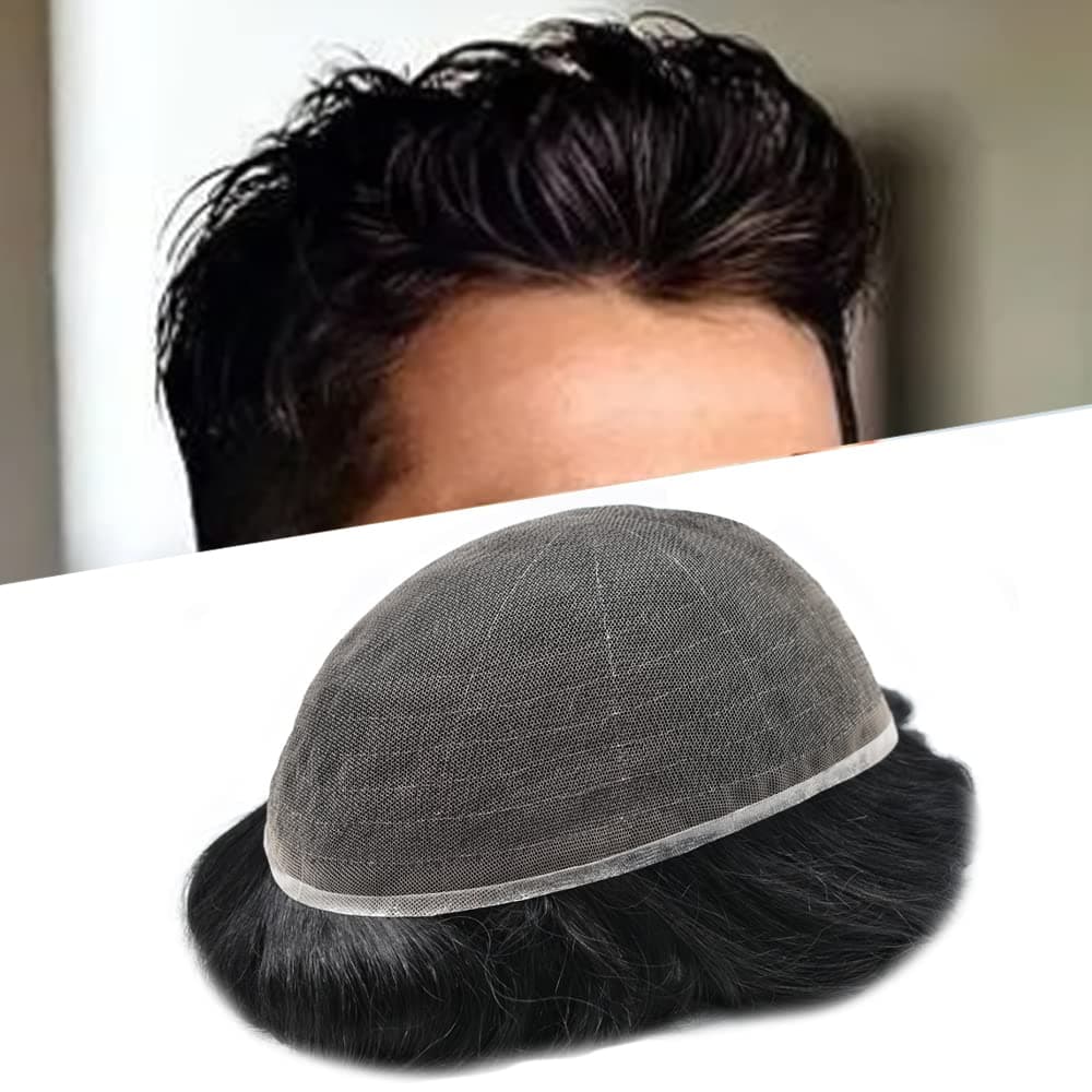 Toupee for Men Hair System Replacement All French Lace Mens Toupee Hairpiece Natural Hair Piece Unit Wig for Men 6"X8" #1B Off Black-100% Light to Med-light Density