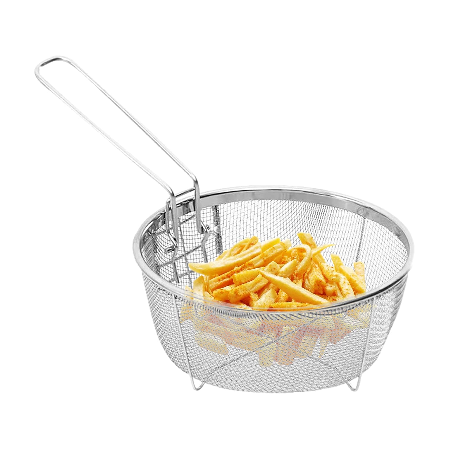 LINGJIONGStainless Steel Frying Baskets with Handle, Fryer Strainer Round Fat Fryer Chip Basket, Foldable Fine Mesh Frying Basket Cooking Strainer for French Fries, Potato, Fried Food