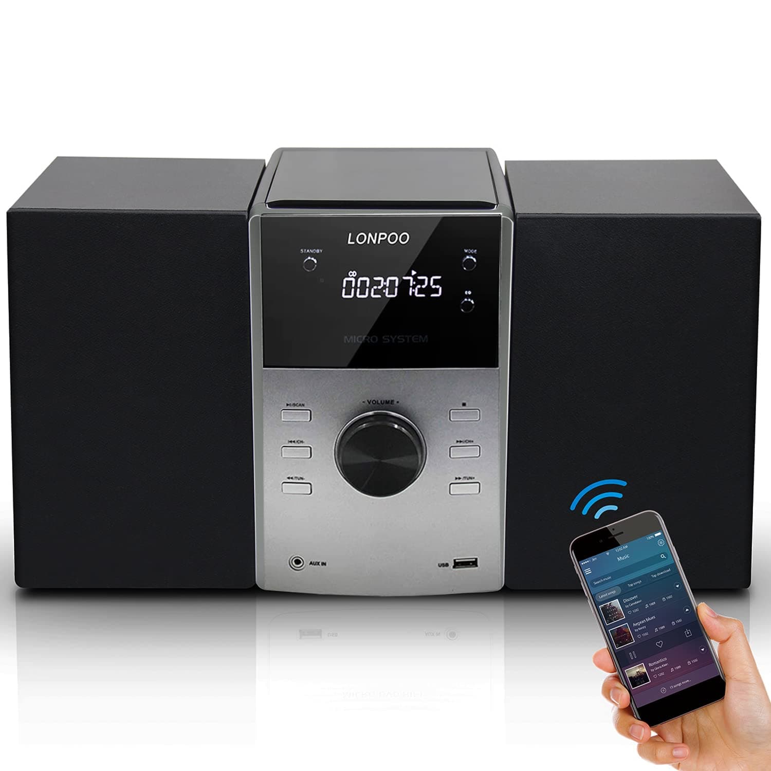LONPOO Compact Stereo System with Bluetooth - CD Player, FM Radio, AUX-IN, LED Display, USB playback, 2-Way Clear Sound Micro HiFi System (sliver) (CD SYSTEM)