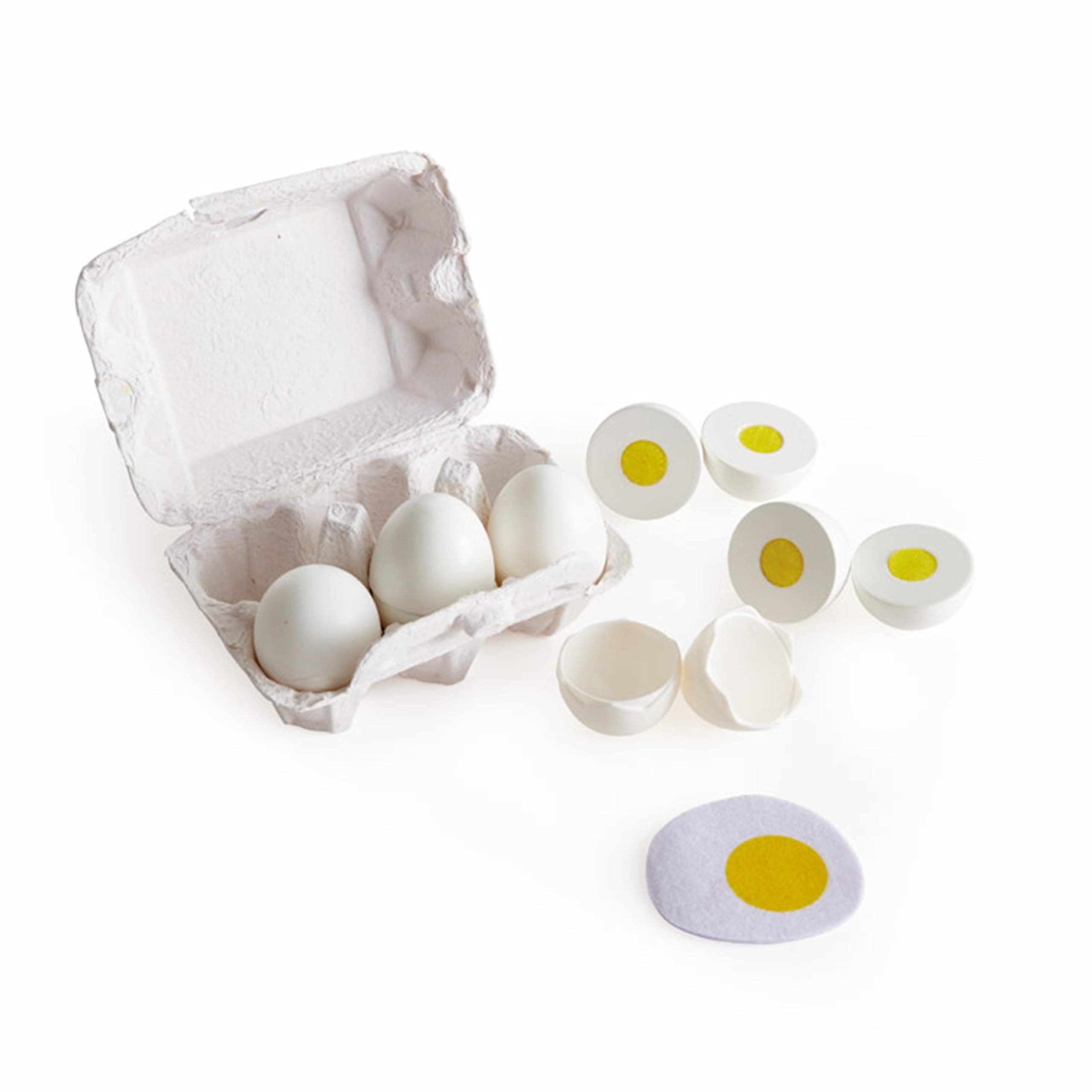Hape Egg Carton Kitchen Playset | 3 Hard-Boiled Eggs with Easy-Peel Shell & 3 Fried Eggs | Wooden Educational Food Toy for Toddlers 24M+ | Realistic Pretend Play & Cooking Fun