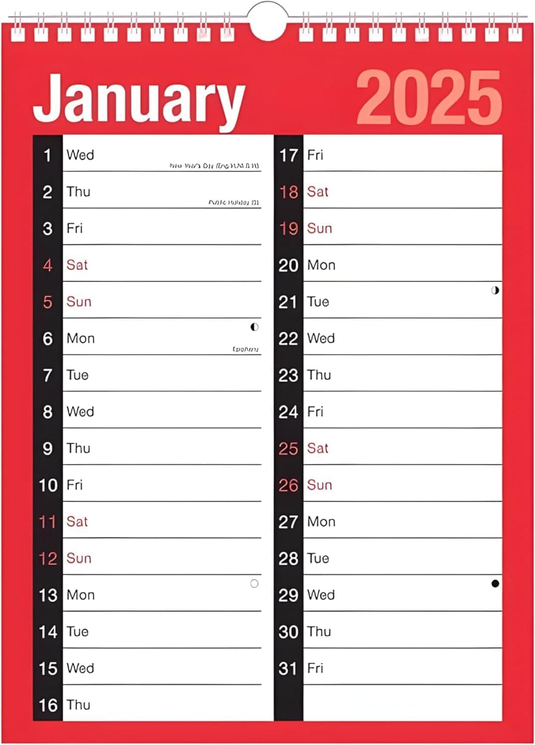 2025 Year Wall Planner Calendar Month to View Wall Planner Red & Black Monthly Spiral Bound Calendar Ideal for School, Home, Office, Business, Library (Calendar 2 Column)