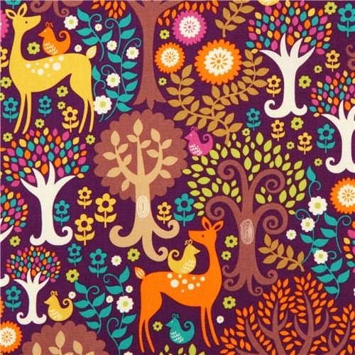 purple forest animal fabric Michael Miller deer tree bird (per 0.5 yard multiples)