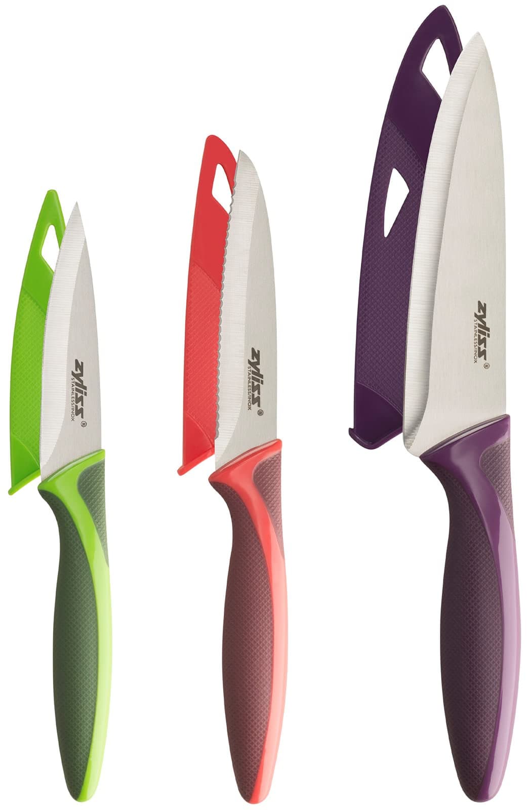 3 Piece Knife Set, Sharp Stainless Steel, Non Slip Soft Grip Handles, 3 x Professional Kitchen Knives with Protection Covers, Dishwasher Safe