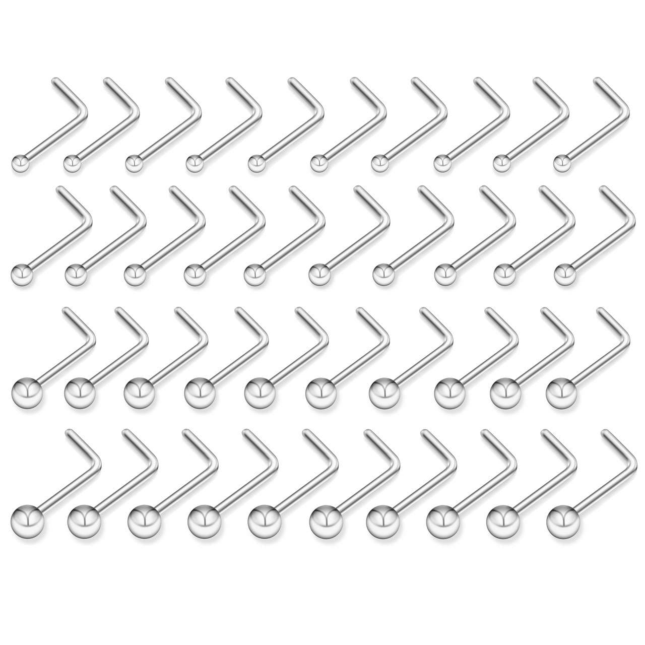 PiercingJ 40PCS 20G Stainless Steel Nose Stud Set Nose Rings L Shape 1.5mm 2mm 2.5mm 3mm Round Ball Bead Nose Retainer Body Piercing Jewelry for Women