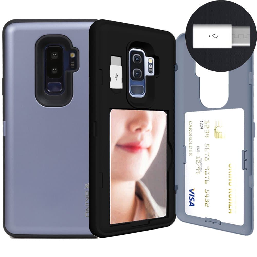 Galaxy S9 Plus, SKINU S9 Plus Wallet Charger Dual Layer Hidden Credit [S9 Plus Card Case] Holder ID Slot Card Case with Inner USB Type C Adapter and Mirror for Samsung Galaxy S9 Plus - Orchid Gray