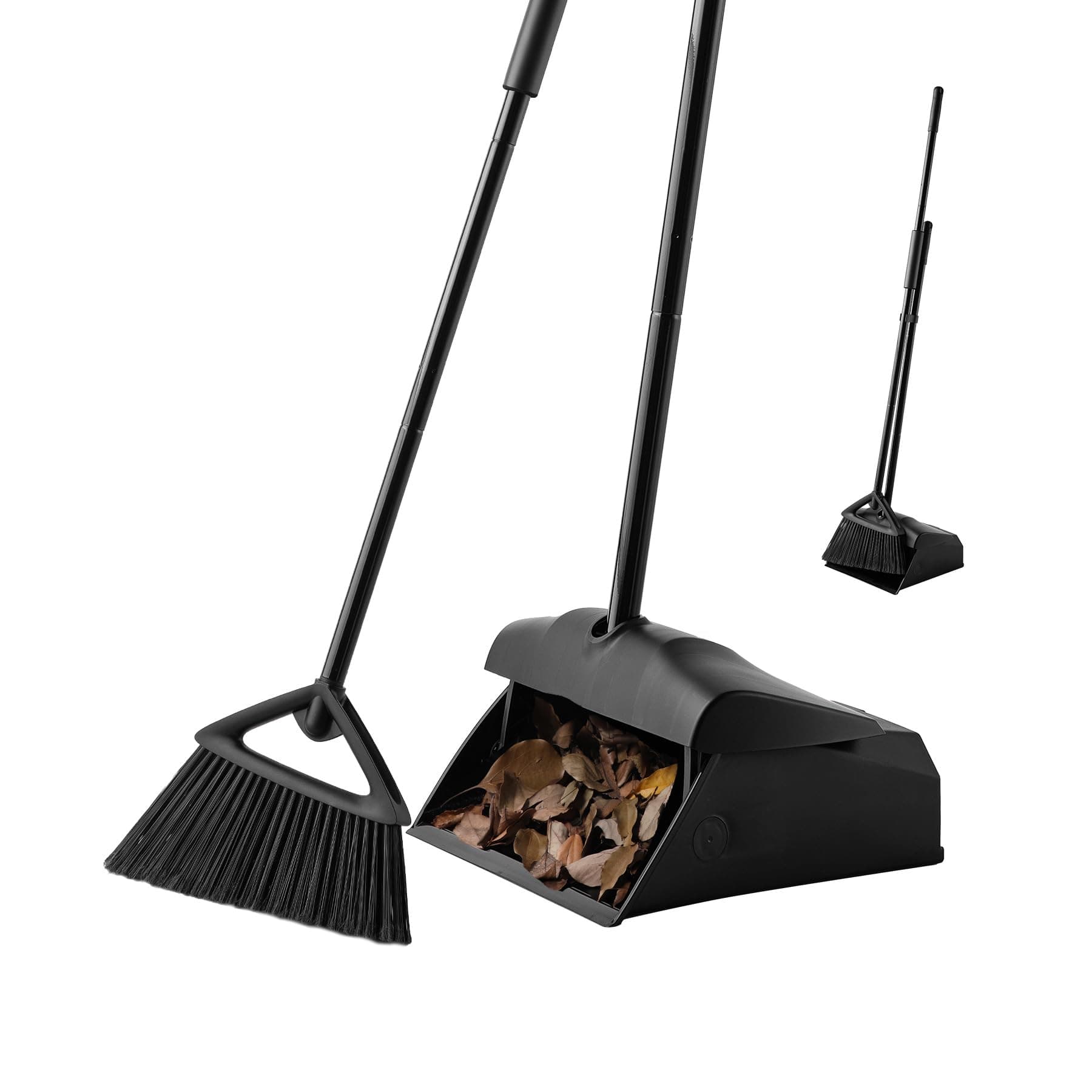Eyliden Commercial Angle Broom and Dustpan Combo, with Long Handle, Lobby Dust Pan Sweep Set for Outdoor Garages Courtyard Sidewalks Decks Indoor Home Kitchen Room Office (Black Broom+Dustpan)