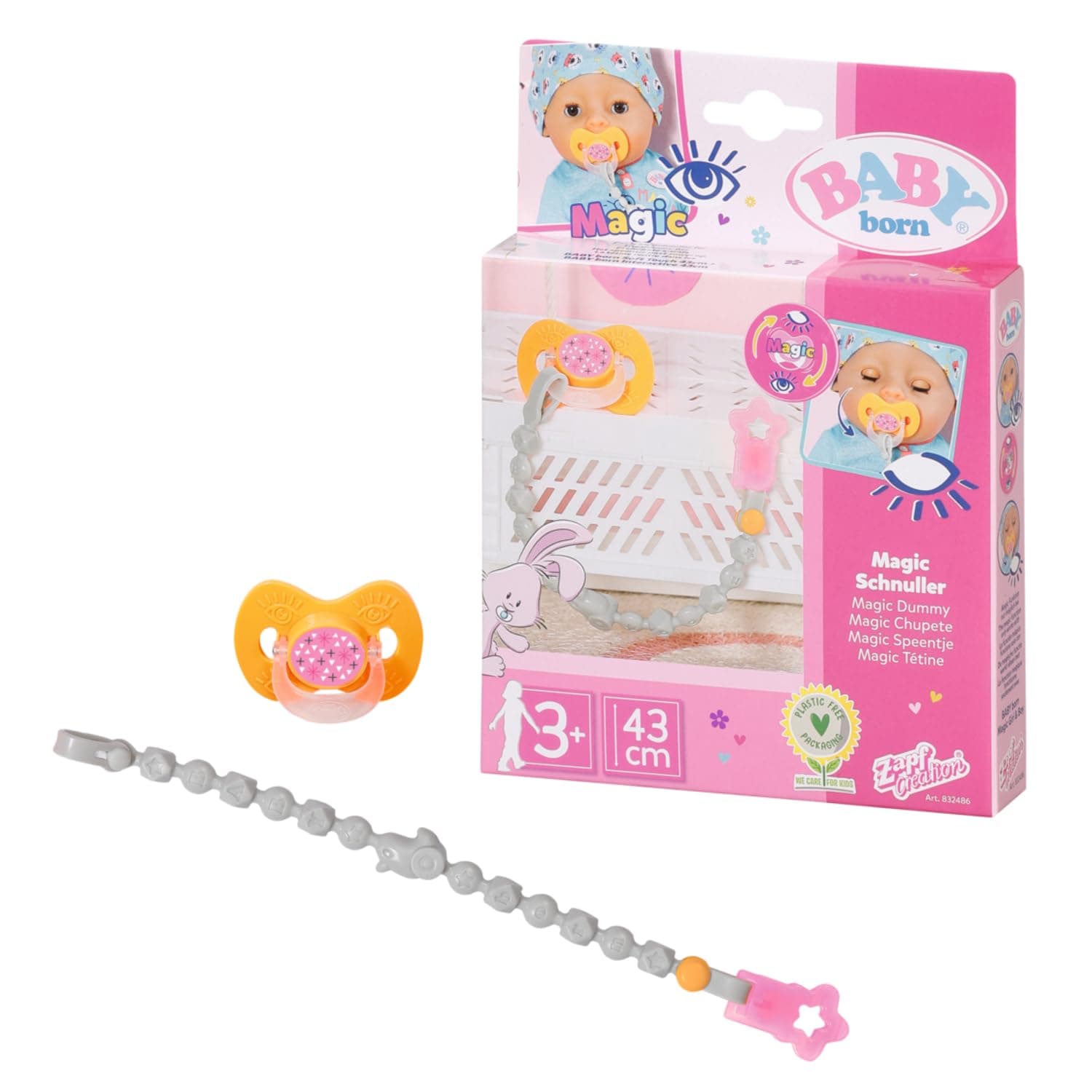 Magic Dummy with Chain 2 Designs 832486 - Accessories for 43cm Baby Born Magic Dolls with Sleep & Wake Up Function for Toddlers - Includes 1 Magic Eyes Dummy with Chain