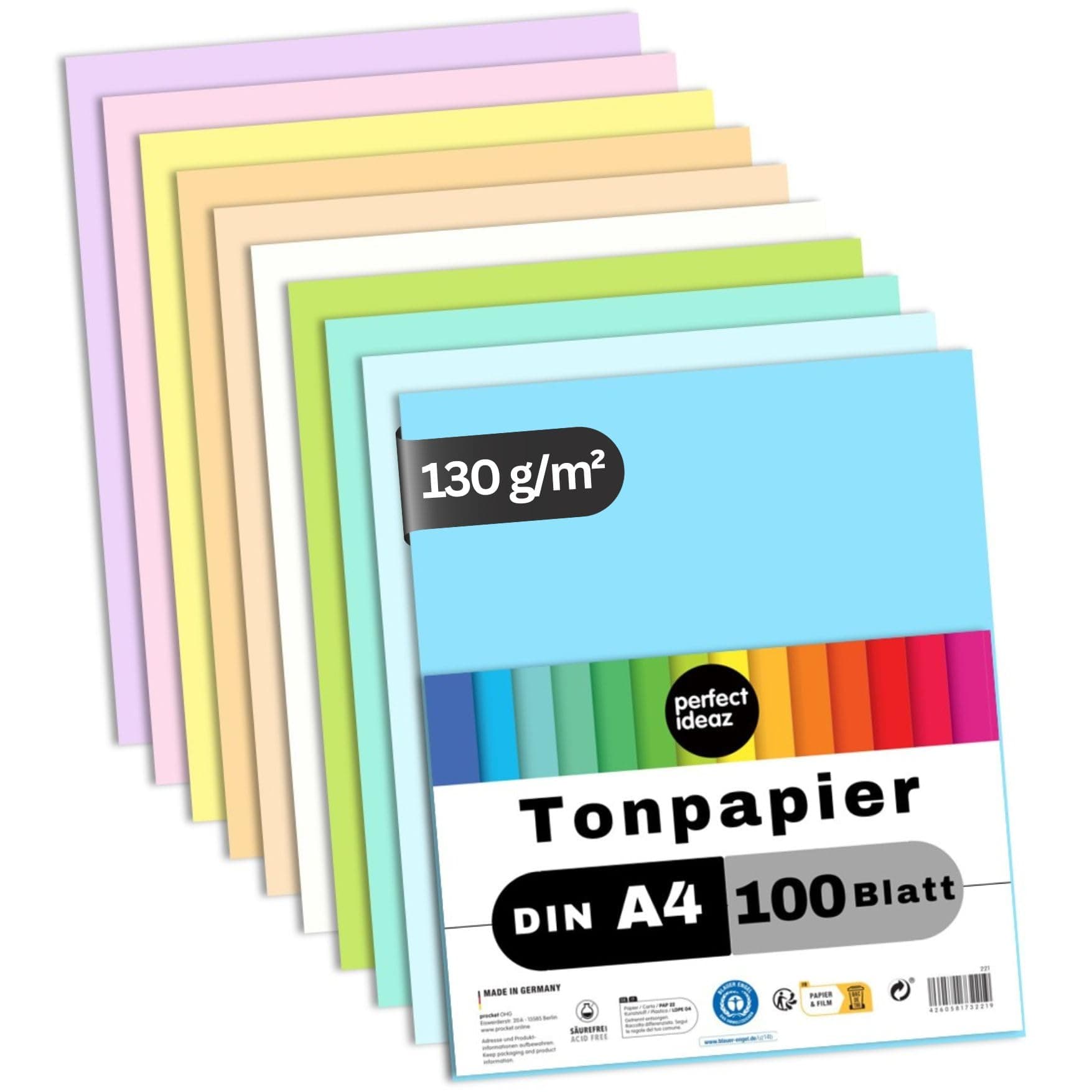 perfect ideaz 100 Sheets Pastel Tinted Drawing Paper, A4 Size (8.27 x 11.69 in), Tone Coloured Paper, in 10 Different Solid Colours, 130 g/m², Quality SheetsBlue Angel