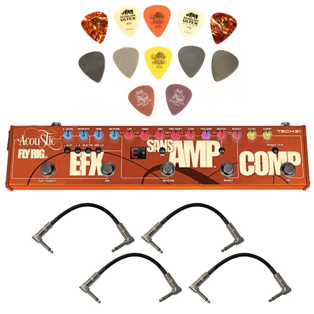 Tech 21 Acoustic Fly Rig Multi-Effects Pedal Bundle with 4 Patch Cables and Dunlop PVP101 Pick Pack