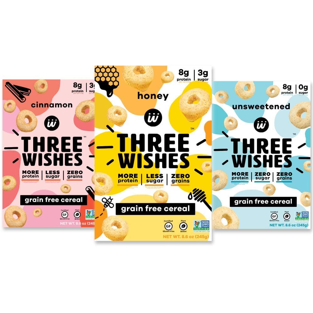 Three Wishes Grain Free, Plant Based Cereal Variety Pack | More Protein, Less Sugar, Zero Grains | Three Flavors | Cinnamon, Honey, Unsweetened | 8.6 oz, 3-Pack