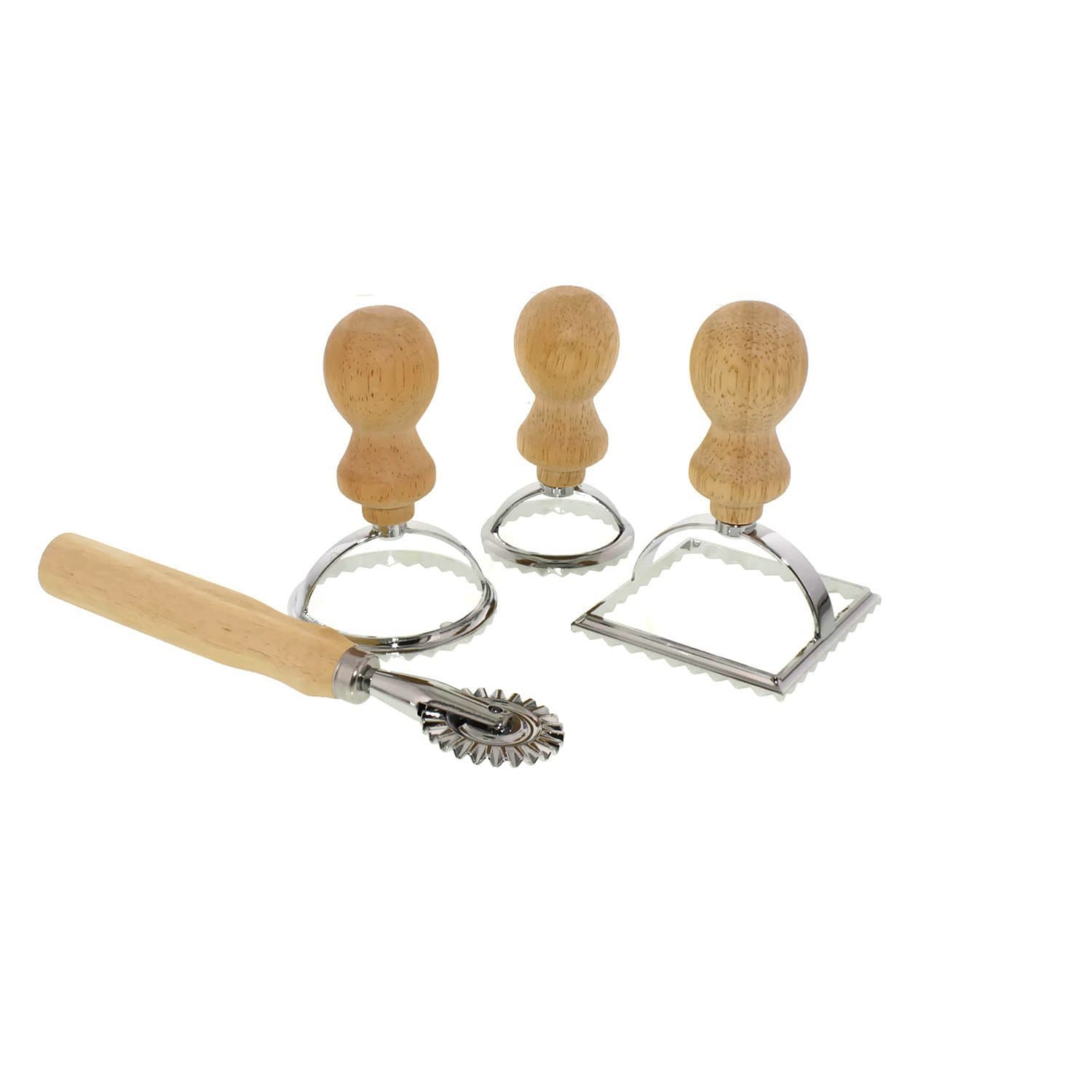 4 Piece Authentic Wood Handle Ravioli Maker Set with 2 Round Stamps, 1 Square Stamp and Cutter Wheel for Ravioli, Pasta, Lasagna, Mante, Dumplings, Pierogi, Pelmini