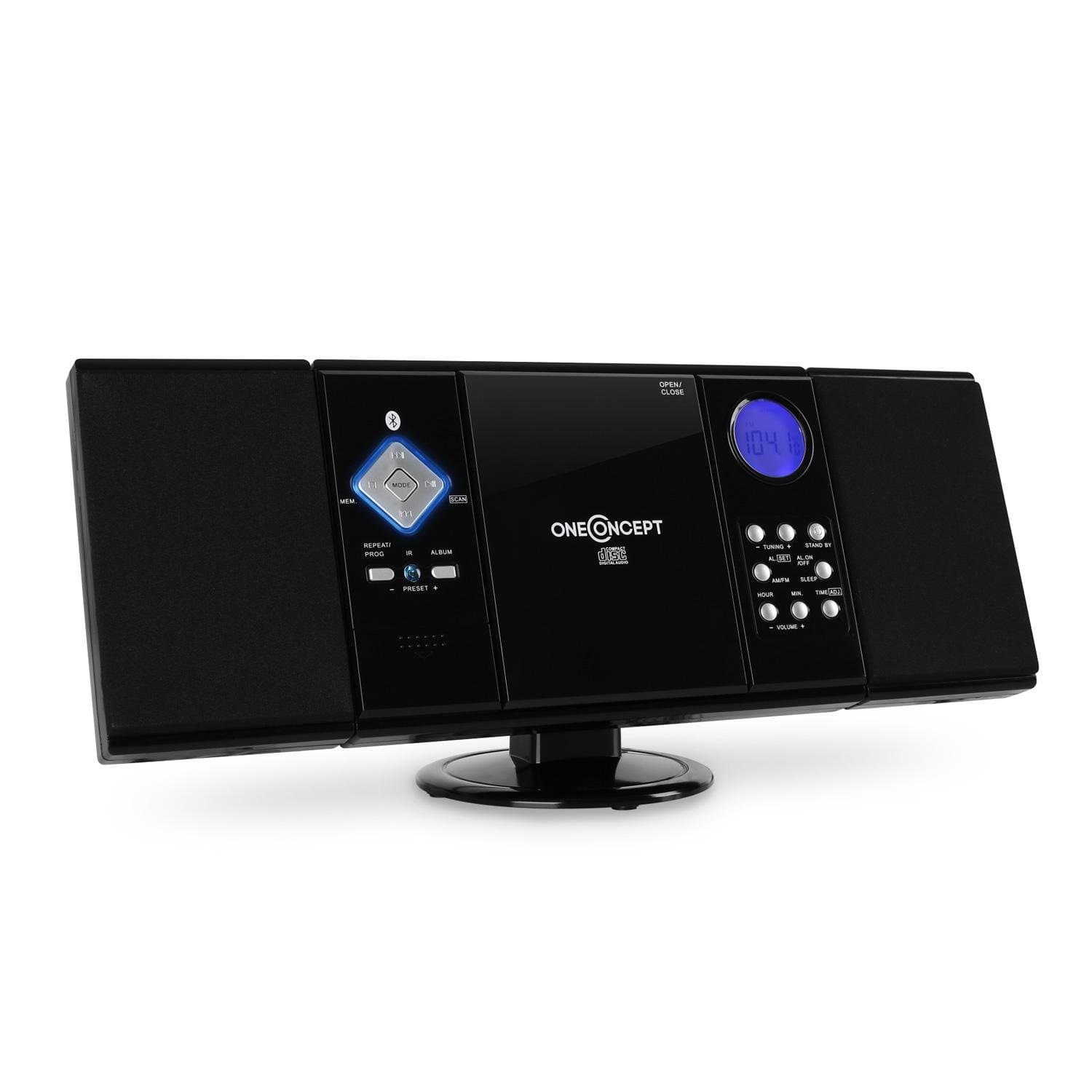OneConcept V-12 BT Bluetooth Stereo System FM USB SD AUX Vertically Biult-Up Wireless Streaming (Suitable for Standing or Wall Mounting, Programming Function, Built-In Clock, CD Player) Black