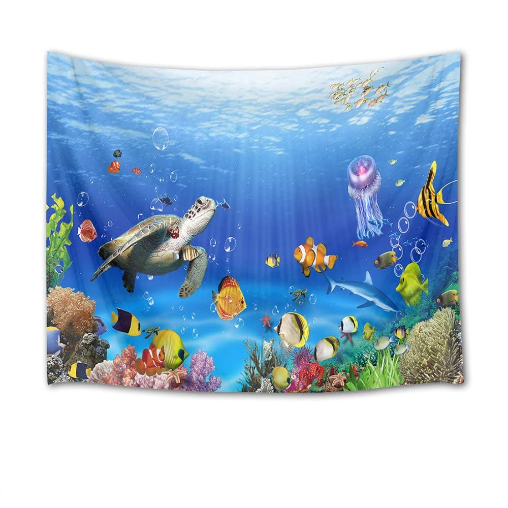 HVEST Blue Ocean Sea Turtle Tapestry Wall Hanging Tropical Fish Jellyfish and Coral Reef Wall Art Summer Nautical Tapestry for Kids Bedroom Living Room Dorm Wall Decor,60Wx40H inches