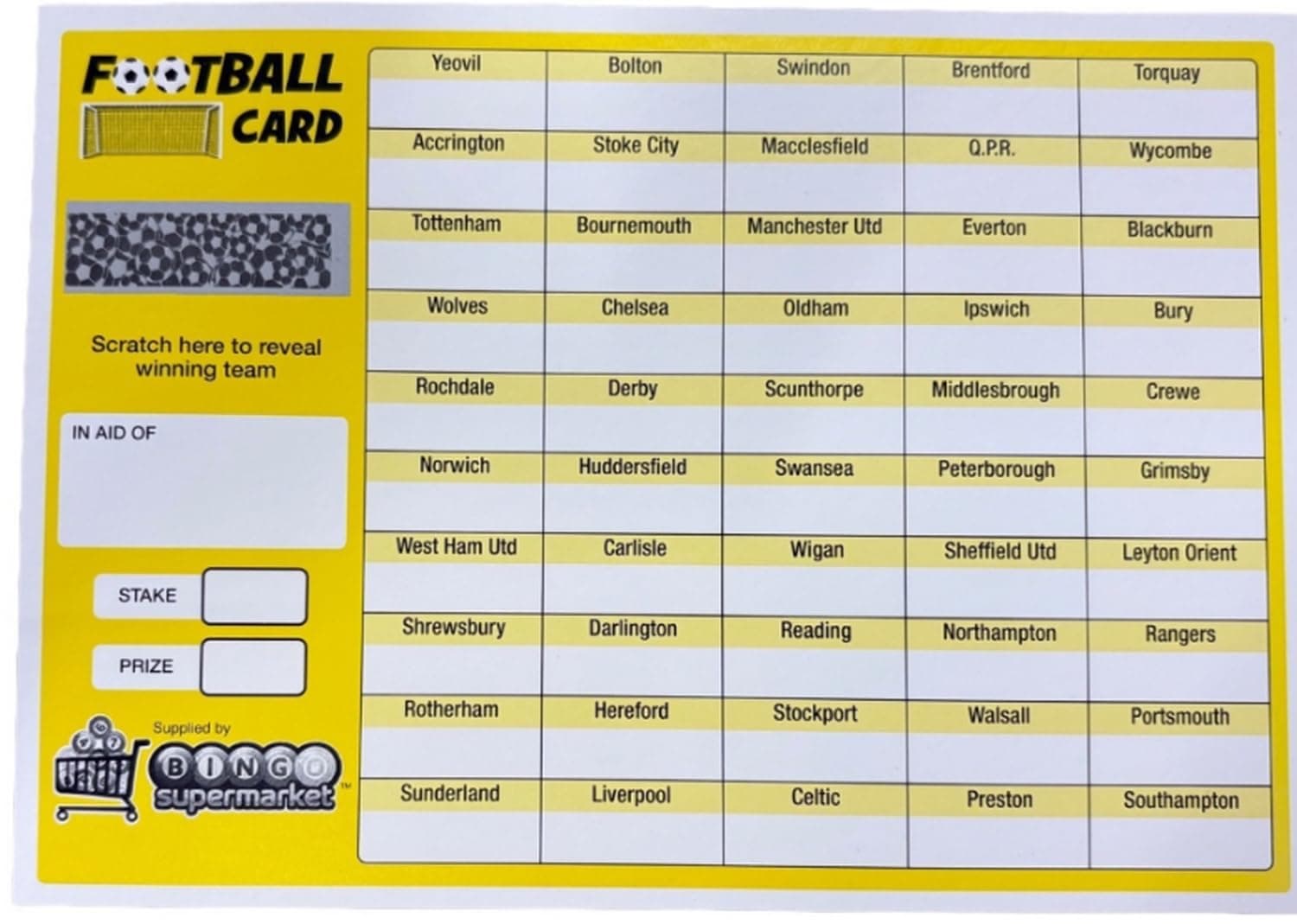 Bingosupermarket Football Fundraising Scratch Cards (50 Team) A5 10 Pack