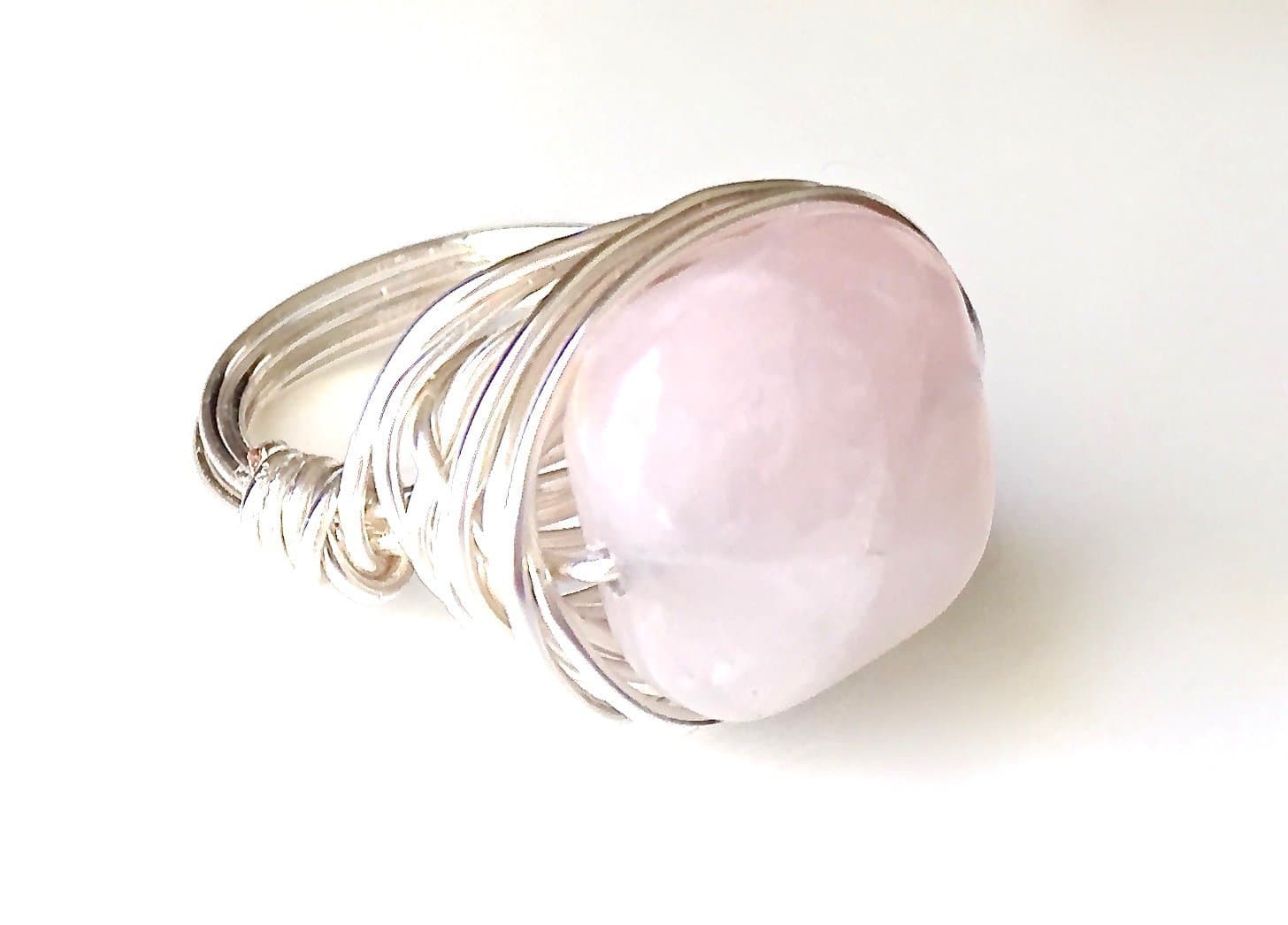 Rose Quartz Ring Silver Wire Wrapped Ring Handmade Jewelry Statement Ring