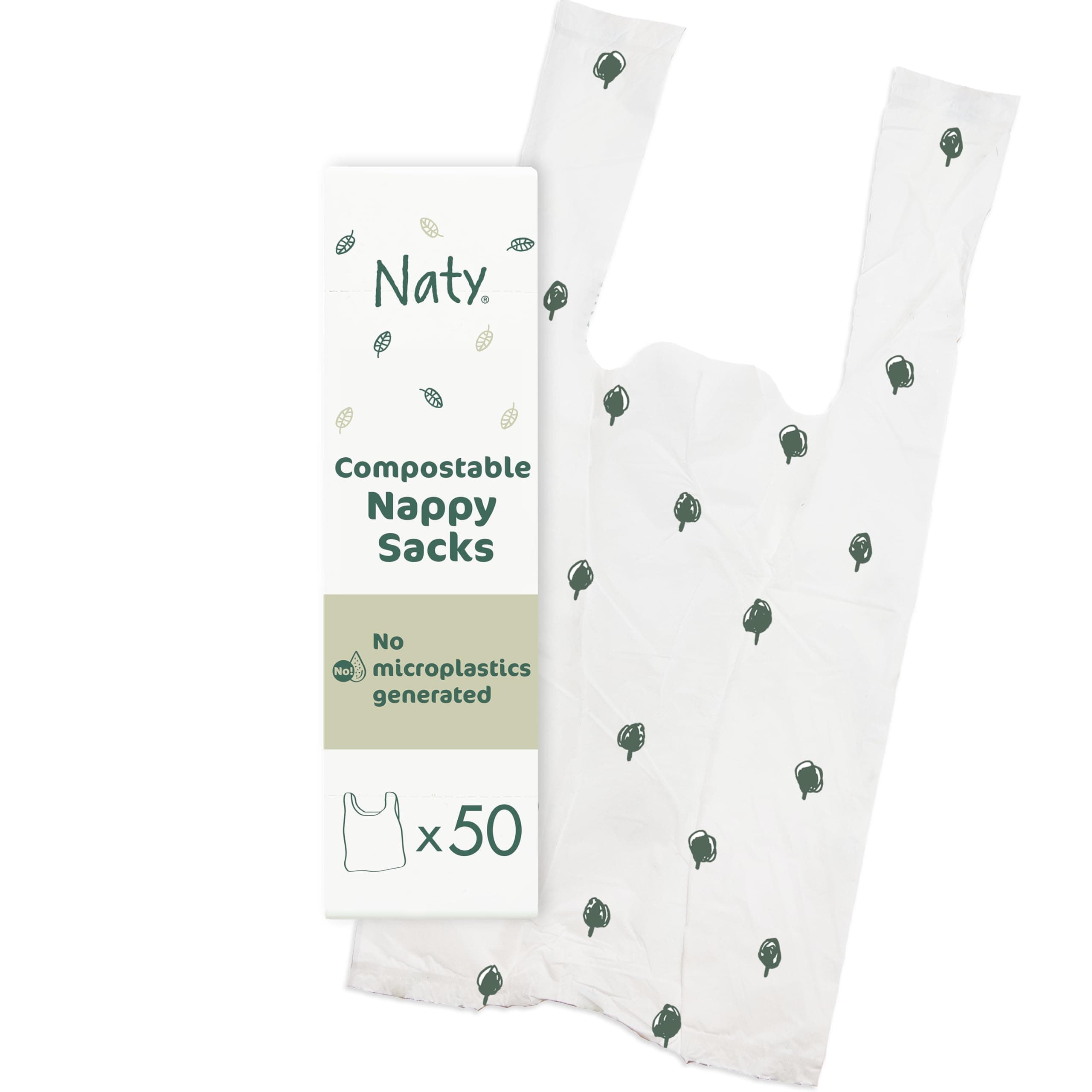 Naty compostable nappy bags | Easy tie handles | Fragrance-free nappy sacks for baby nappy changing & disposal, travel and pet waste |Plant-based bags for prams | On-the-go use | 50 count