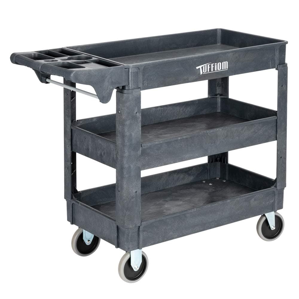 Plastic Service Utility Cart with Wheels, 550lbs Capacity, Heavy Duty Tub W/Deep Shelves, Multipurpose Rolling 3-Tier Mobile Storage Organizer, for Warehouse Garage Industrial Cart