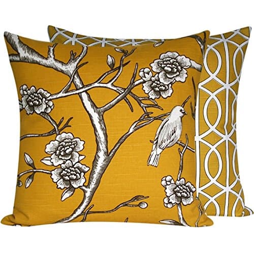 Chloe & Olive Autumn Light Collection Geometric Floral Bird Decorative Pillow Cover, 20-Inch, Yellow