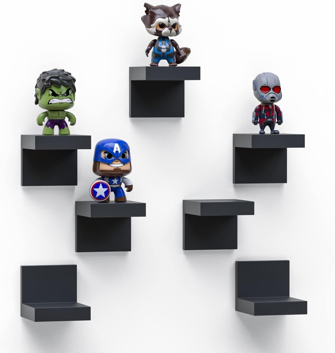 7-Pack Small Floating Shelves for Wall by RicherHouse, Plastic Black Shelf 4 Inch Display Ledges Room Decor, Mini with 2 Types of Installation (Adhesive or Screw)