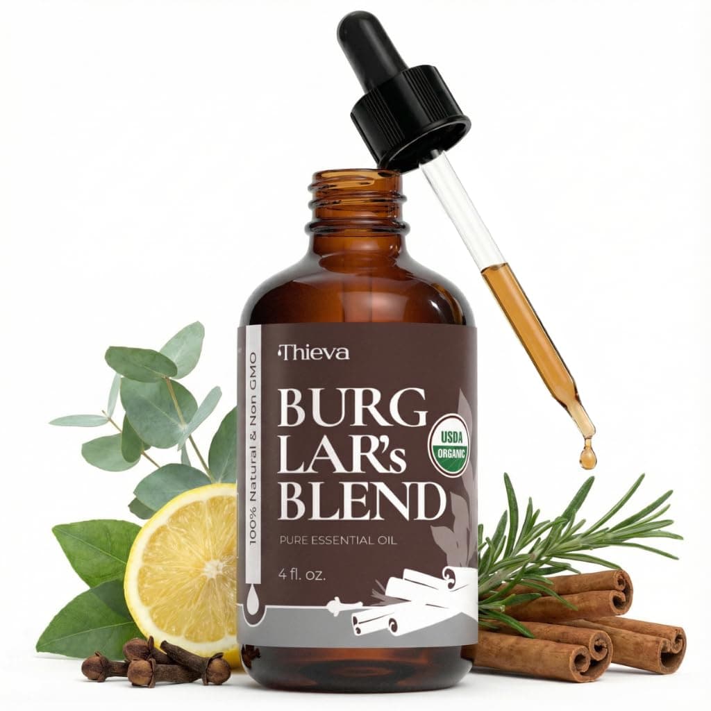 THIEVA Burglar’s Blend Essential Oil 4 oz – USDA Organic Pure Oil Blend for DIY Household Cleaning Seasonal Home Wellness and Diffuser Aromatherapy
