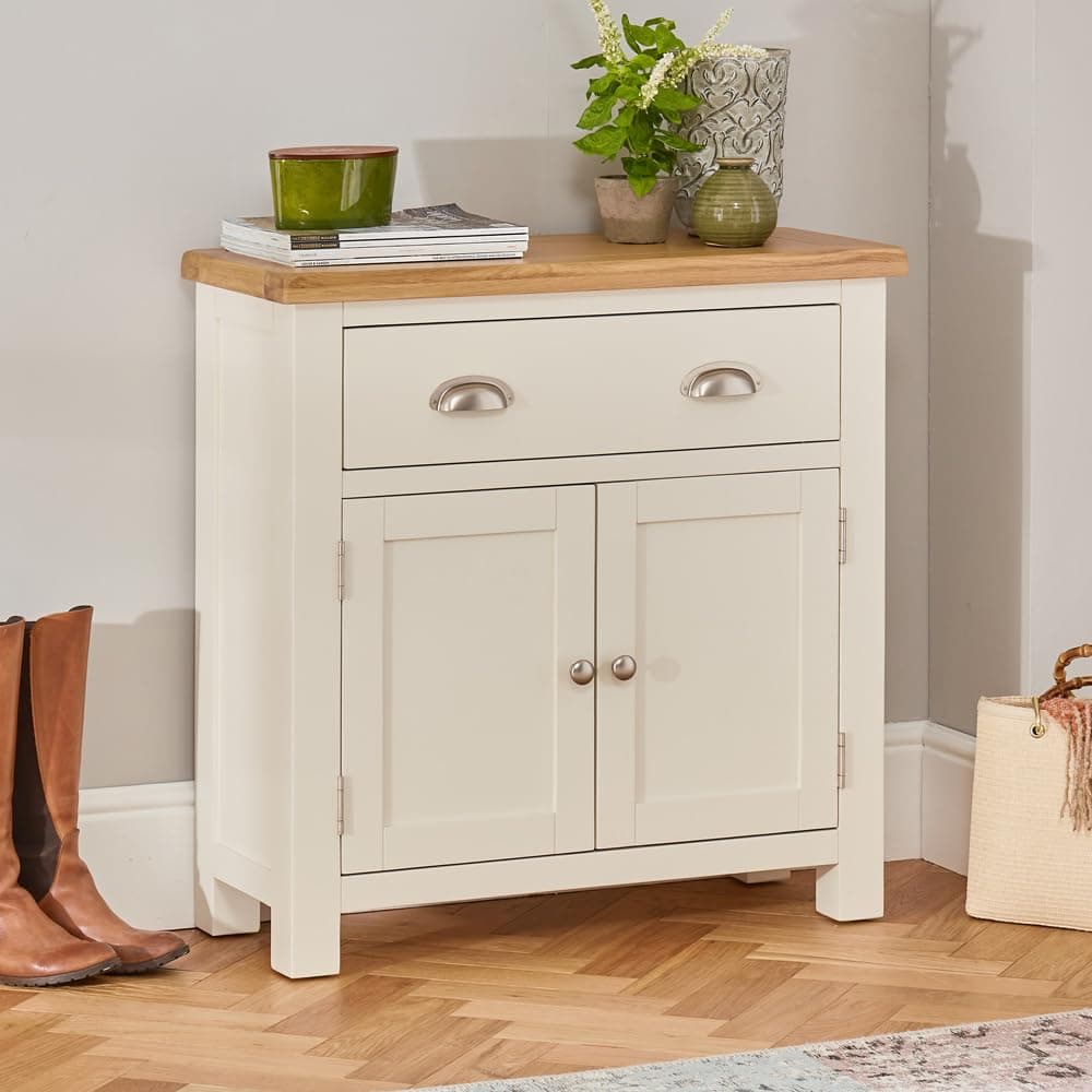 The Furniture Market Cotswold Cream Painted 2 Door 1 Drawer Small Sideboard with Oak Top - Adjustable Shelf, Perfect for Living, Dining or Kitchen - H 800mm x W 800mm x D 320mm