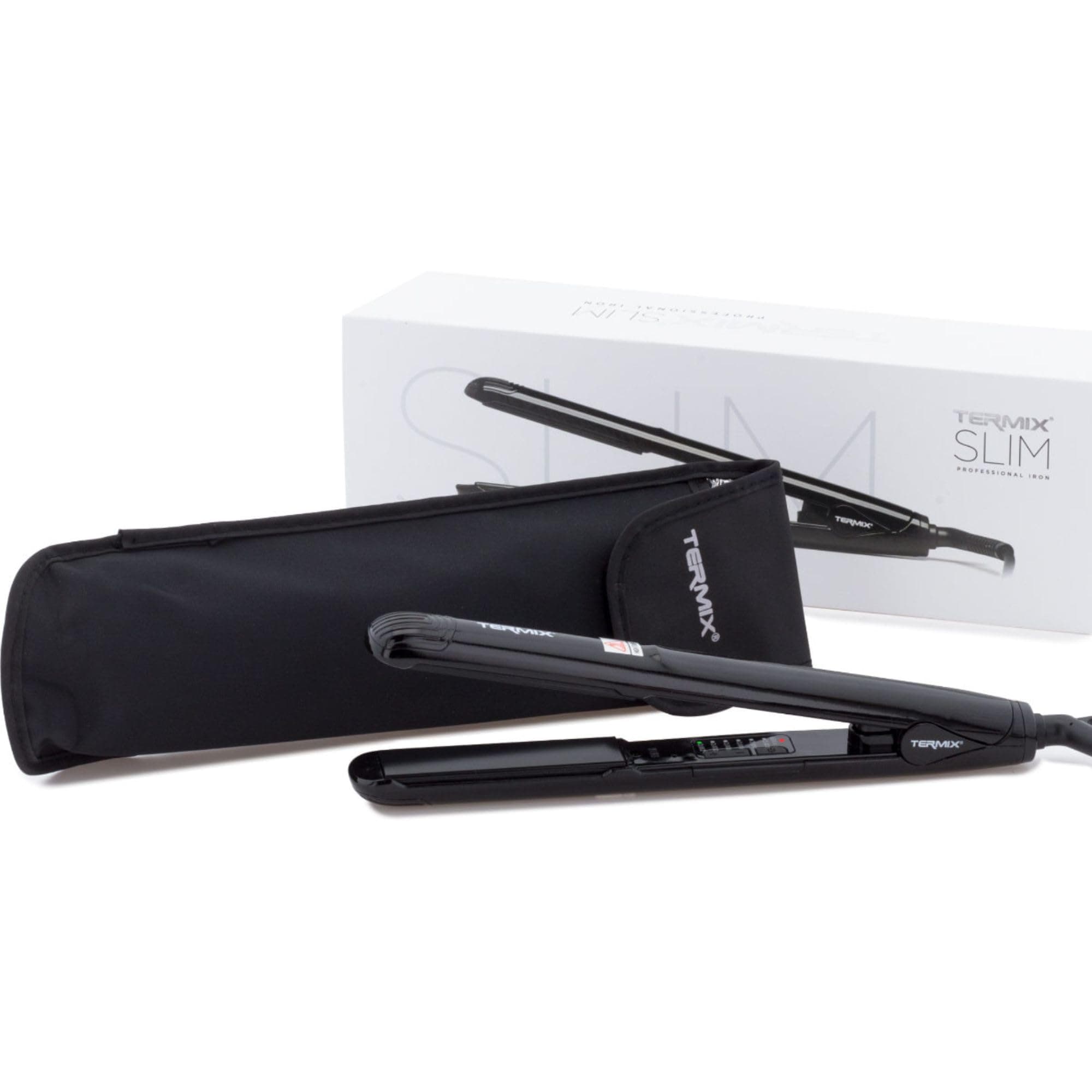 Slim Nano Titanium Straightener that helps create negative ions that have a positive effect on the hair. Black