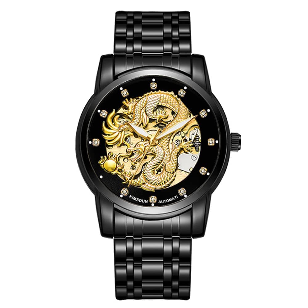 Weicam Men's Luxury Mechanical Skeleton Automatic Stainless Steel Lumias Watch Dragon Carving Dial Diamond Business Watch Waterproof Wristwatch, Black, Mechanical, Black, Mechanical