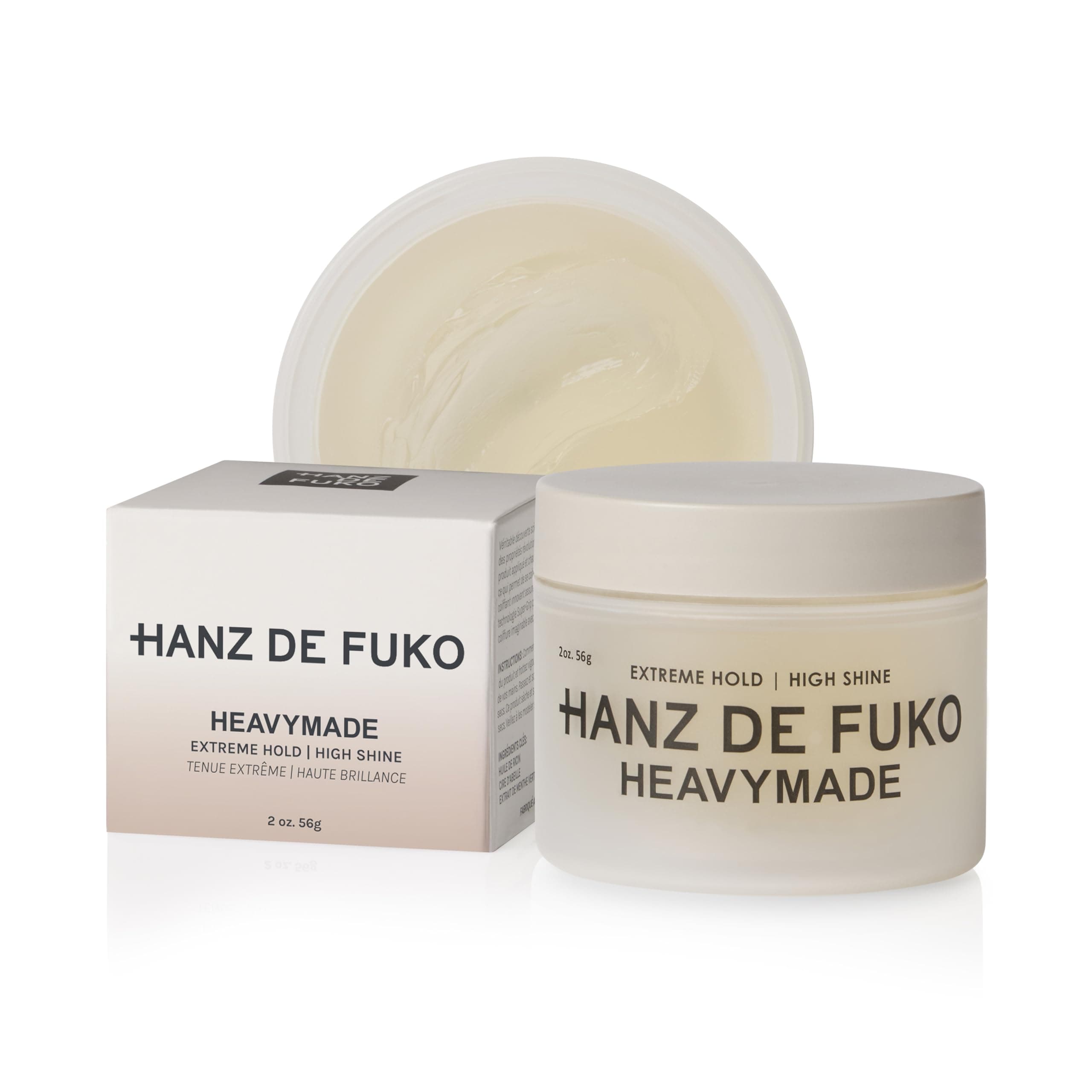 - Hanz de Fuko Heavymade – Premium Men’s Hair Styling Pomade for an Extreme Hold, High Shine Finish – Water-Based, Humidity-Resistant Styler for Achieving Various Hairstyles – 2 oz, Travel Size