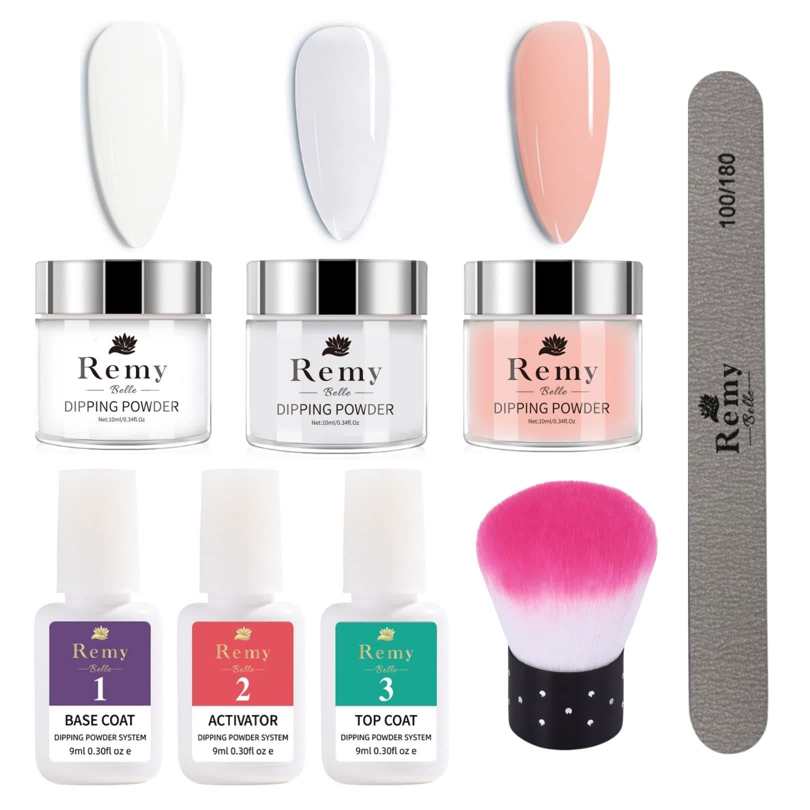 Remy Belle Dip Powder Nail Kit Starter, 3 colors x 10ml Dipping Powder with Base & Top Coat Activator for French Nail Art Manicure Salon DIY at Home (Kit -1)