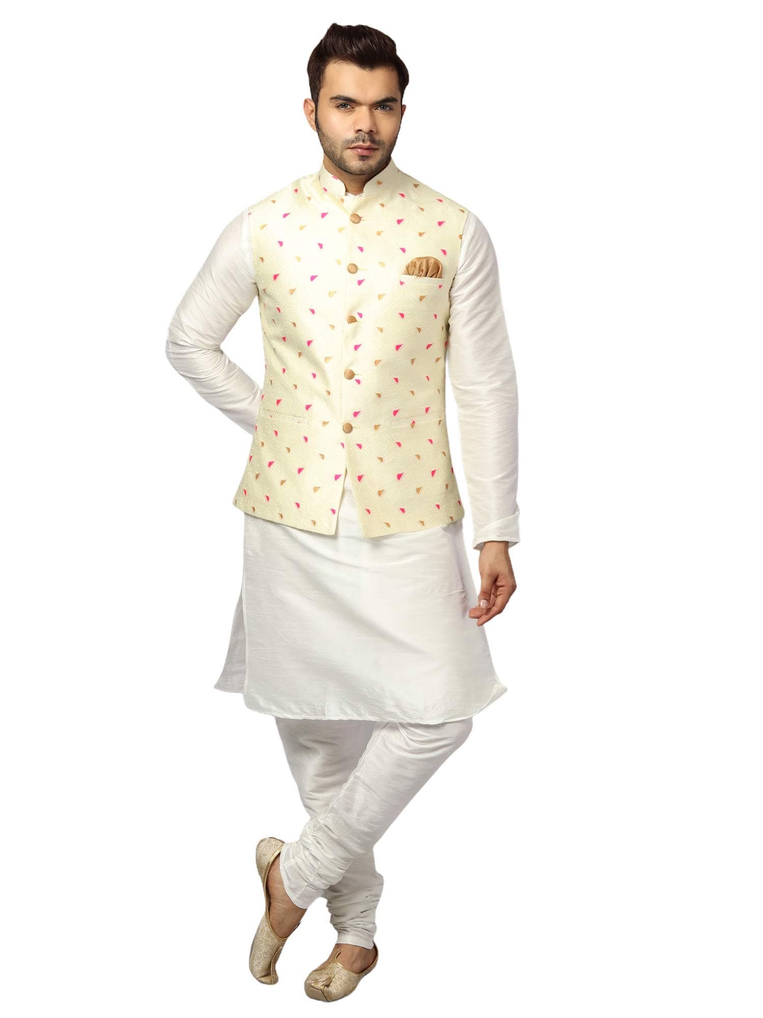 Men's Silk Blend Regular Kurta Churidar Pyjama with Bundi Nehru Jacket/Waistcoat