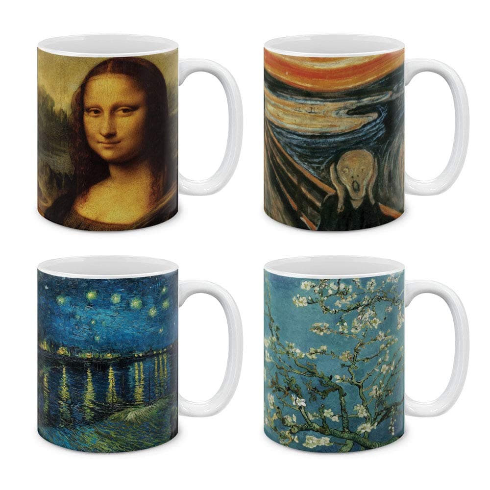 MUGBREW Coffee Mugs Paintings 4 Piece Set Mona Lisa Leonardo Da Vinci, The Scream Edvard Munch, Almond Blossom Van Gogh, The Starry Night Over The Rhone Van Gogh, 11 Oz Gift Mugs