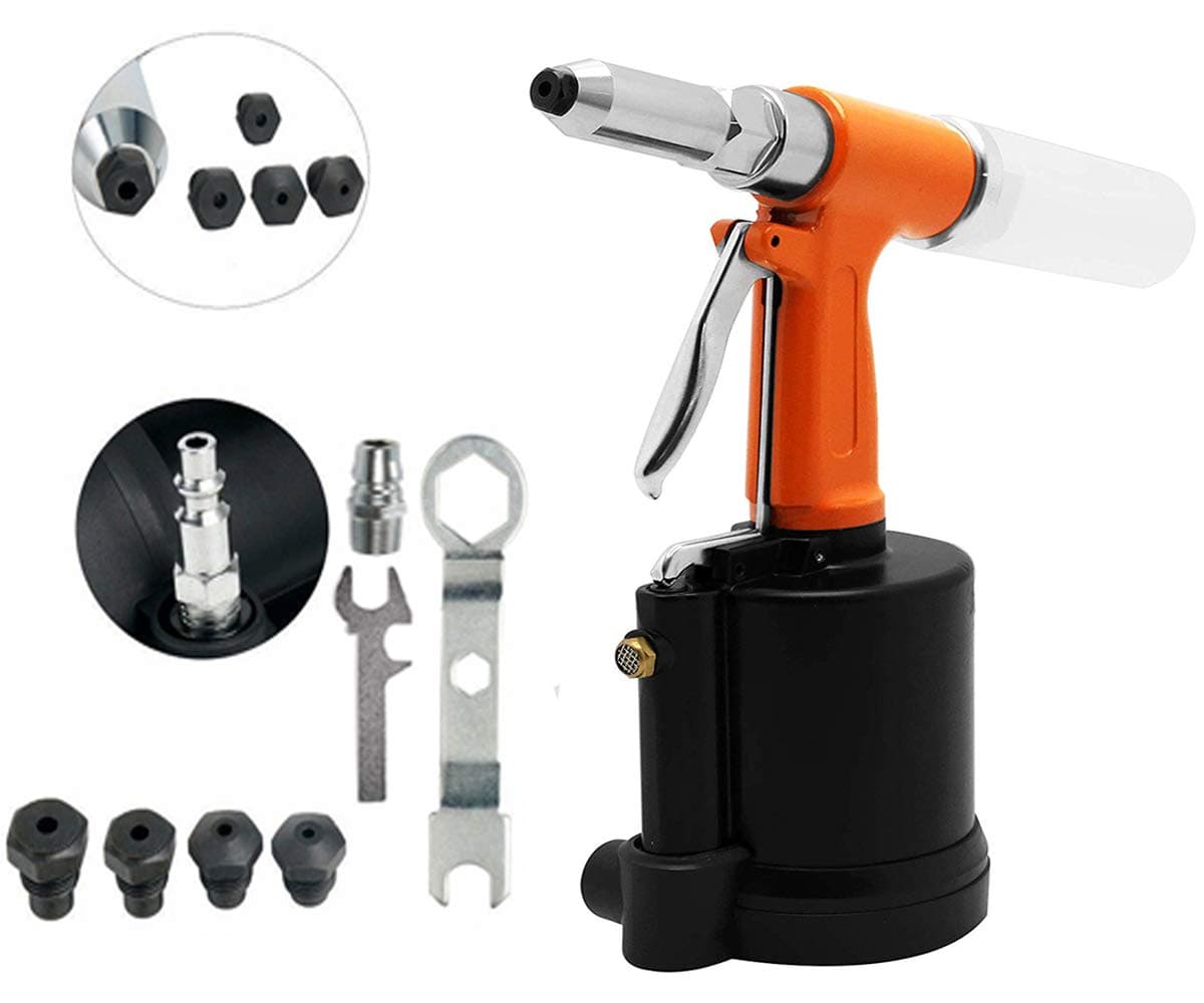 Pneumatic Rivet Gun Hydraulic Air Riveter Tool Labor Saving Rivet Riveting Nut Nail Insert Hand Tool Set, 1/4-inch 3/16-inch 5/32-inch 1/8-inch 3/32-inch Nosepieces