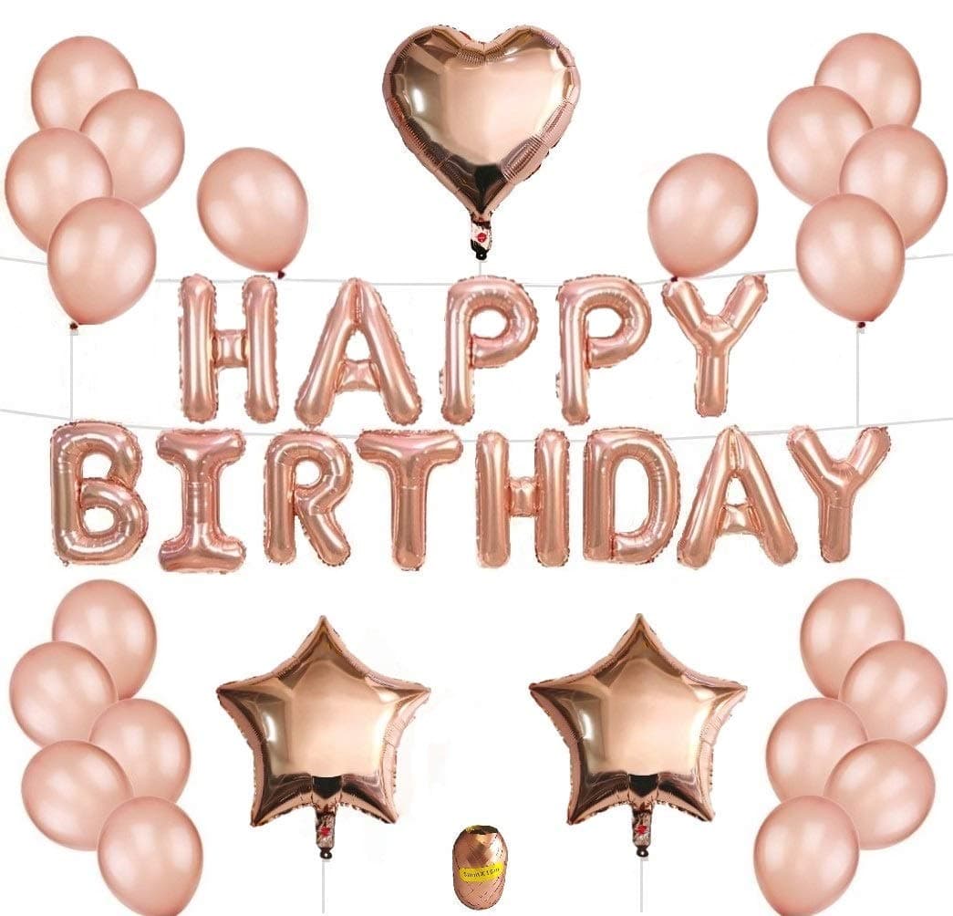 E-commerce Outlet Rose Gold Party Decorations Set 18" Happy Birthday Banner 12" Rose Gold Balloons 18"Star & Heart Foil Balloons with Rose Gold String for Birthday Party and Decorations (Rose Gold)