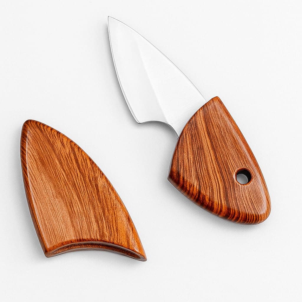 Machado Leaf Shape Handmade Mini Stainless Steel Pocket Knife with Sheath - Portable Wooden Outdoor Short Fish Cutter, Keychain Wood Grain Pocket Knives for Camping Kitchen & Gifting - (6.10 Inch)