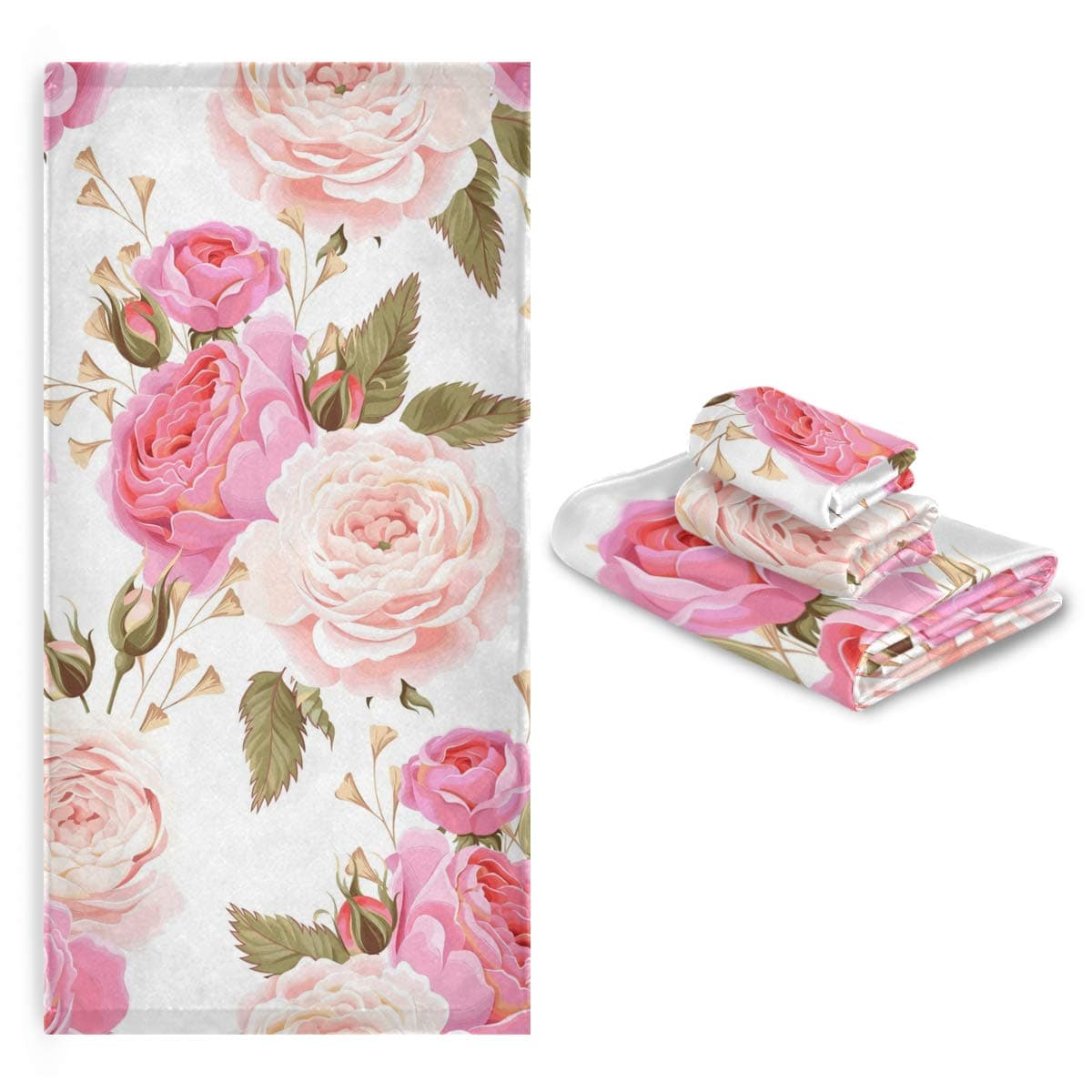 susiyo3 Piece Bath Towel Set, Soft Highly Absorbent Bathroom Towels Beautiful Floral Pink Roses Bath Towels Fashion Print Decorative Towels (Set of 3, 1 Bath Towel, 1 Hand Towel & 1 Washcloth)