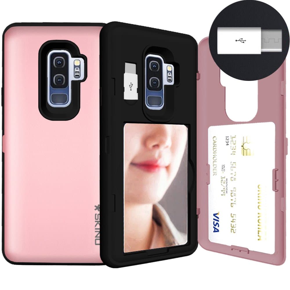Galaxy S9 Plus, SKINU S9 Plus Wallet Charger Dual Layer Hidden Credit [S9 Plus Card Case] Holder ID Slot Card Case with Inner USB Type C Adapter and Mirror for Samsung Galaxy S9 Plus(2018)- Rose Gold