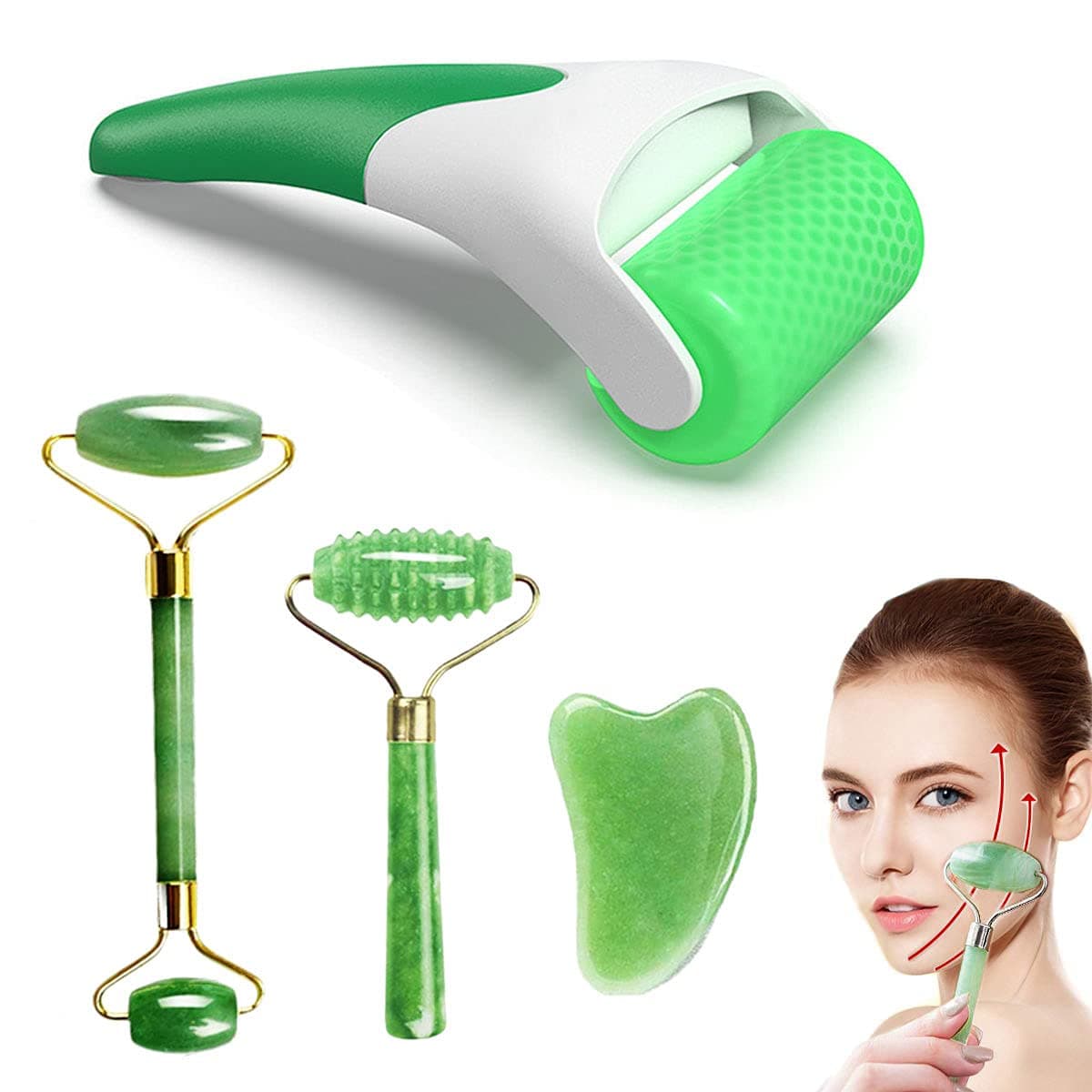 FA FIGHTART4 in 1 Jade Gua Sha Set Ice Roller Face Rollers Freezer Frozen Cooling Face Massager Massage Tool