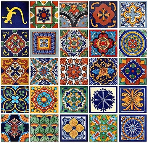 COLOR Y TRADICIN 25 Mixed Color Mexican Talavera Tiles, 4x4 Square, 25 Pieces, Geometric Pattern, Painted Finish, Not Water Resistant, Perfect for Walls, Countertops, Backsplash