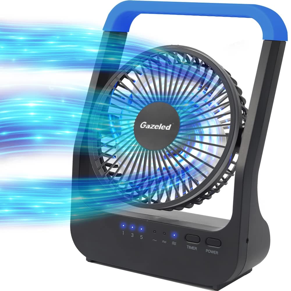 Gazeled Battery Operated Fan, Camping Fan Battery Powered, Super Long Lasting, 5'' Portable D-Cell Battery Powered Desk Fan with Timer, 3 Speeds, Quiet, 180° Rotation, for Office,Bedroom,Outdoor, F24