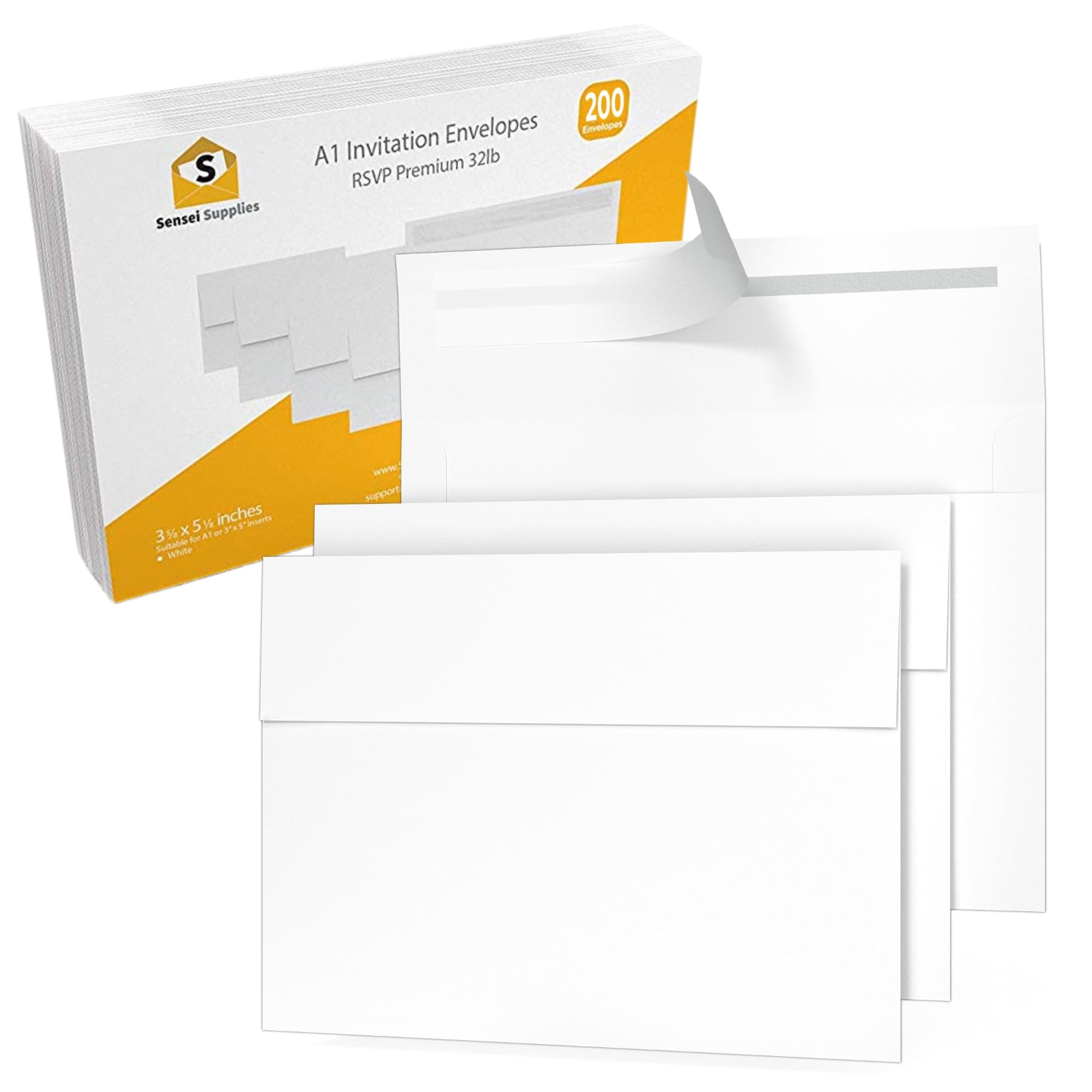 200 3 ⅝ x 5 ⅛ White RSVP Small Envelopes - A1 - For Weddings Response Cards, Baby Showers, Thank You Notes, Photos and any 3” x 5” inserts - W/Peel, Press & Self Seal - Square Flap