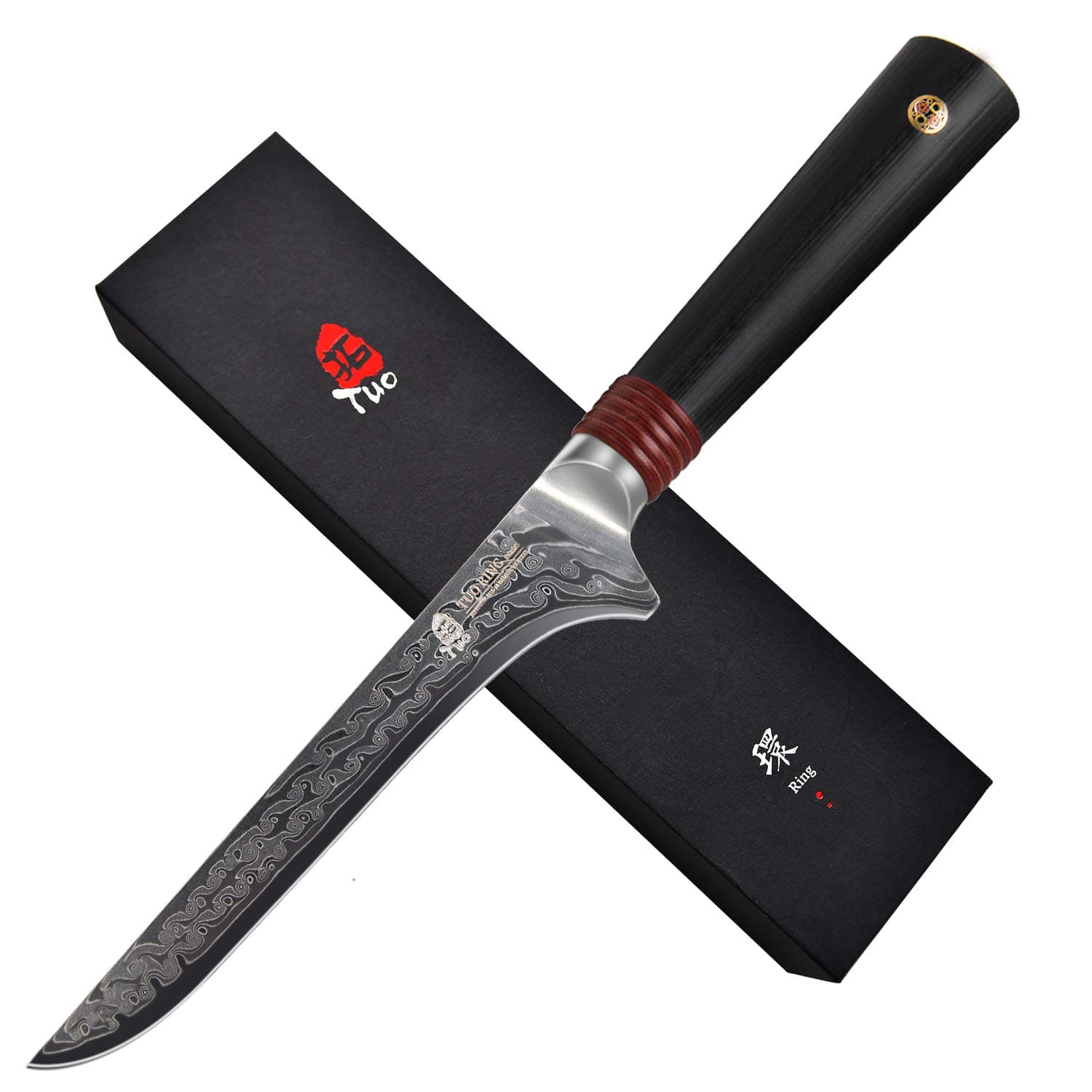 TUO Cutlery Damascus Boning Fillet Knife 6 inch, Japanese AUS-10 High Carbon Rose Damascus Steel, Kitchen Knife with Ergonomic G10 Handle - Ring R Series