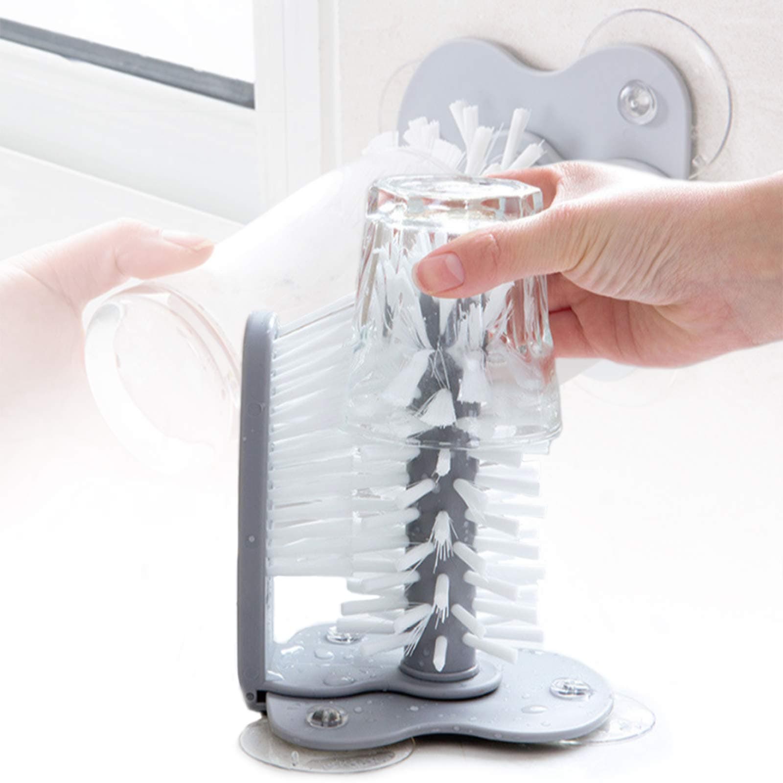 jiele 1 Set Glass Washer with Double Sided Bristle Brush Sink Suction Cup Base Cleaning Bottle