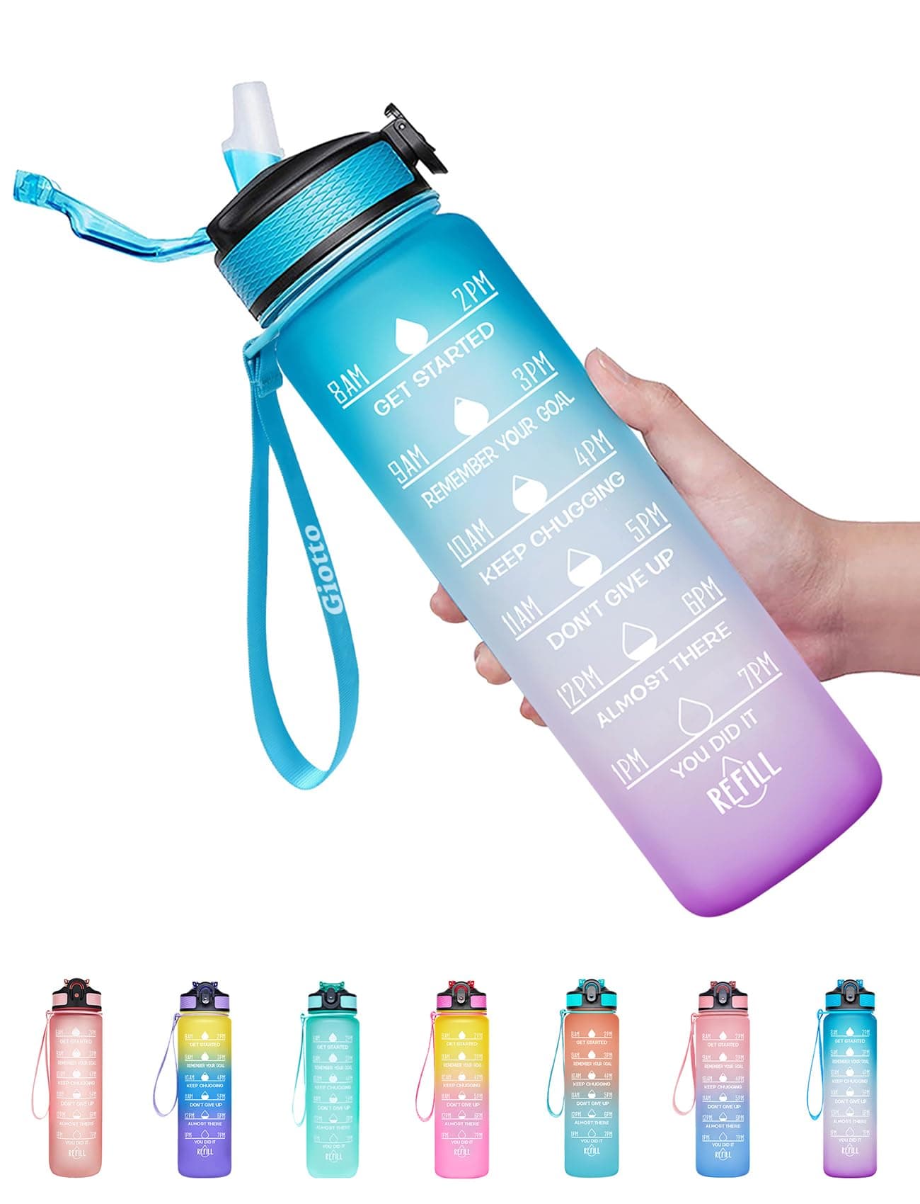32Oz Plastic Leakproof Bpa-Free With Time Marker & Straw Drinking Water Bottle To Ensure You Drink Enough Water Throughout The Day (Ombre Green, Purple, Large, Pack Of 1), 32 ounce