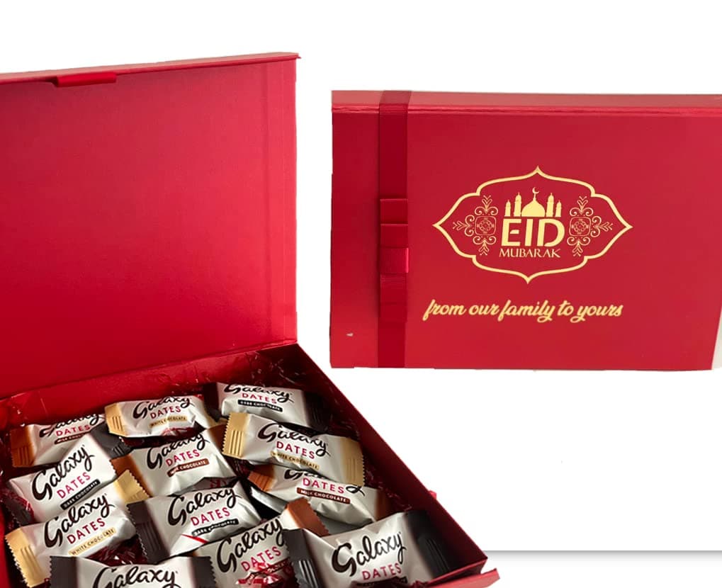 Eid Mubarak - from Our Family to Yours Gift Box Contains Galaxy Assorted ChocoDates with Roasted Almond a Luxury Gift Box. Eid Gifts.