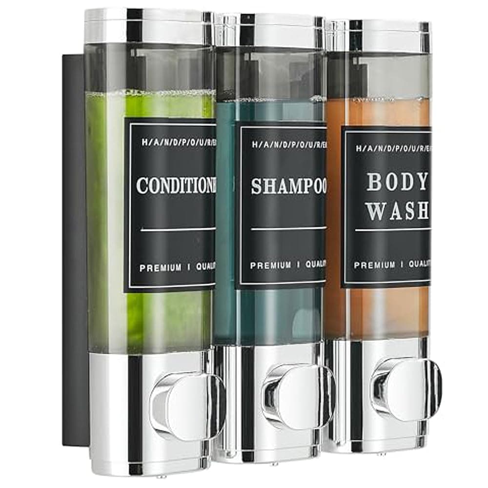 Shower Soap Dispenser Wall Mounted No Drill Shampoo Dispenser for Shower Wall Shampoo and Conditioner Dispenser Bathroom Hotel 3 * 300ml Chrome with Labels