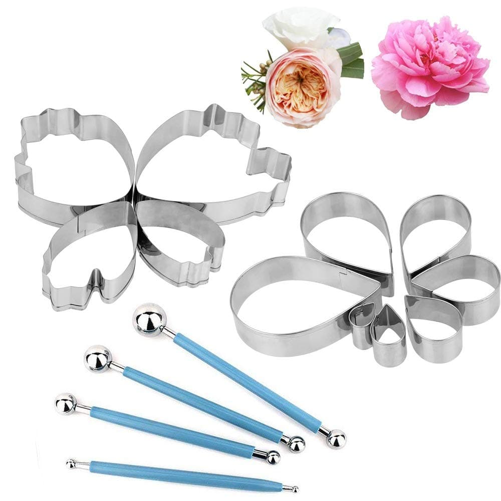 Cake Decorating Flower Modelling Mold Kit,4 Pcs Metal Ball Fondant Tool, 7 Pcs Rose Petal Cutter 4 Pcs Peony Flower Cutter Cake Cookie Cutters SugarCraft GumPaste Fondant Embossing Tool